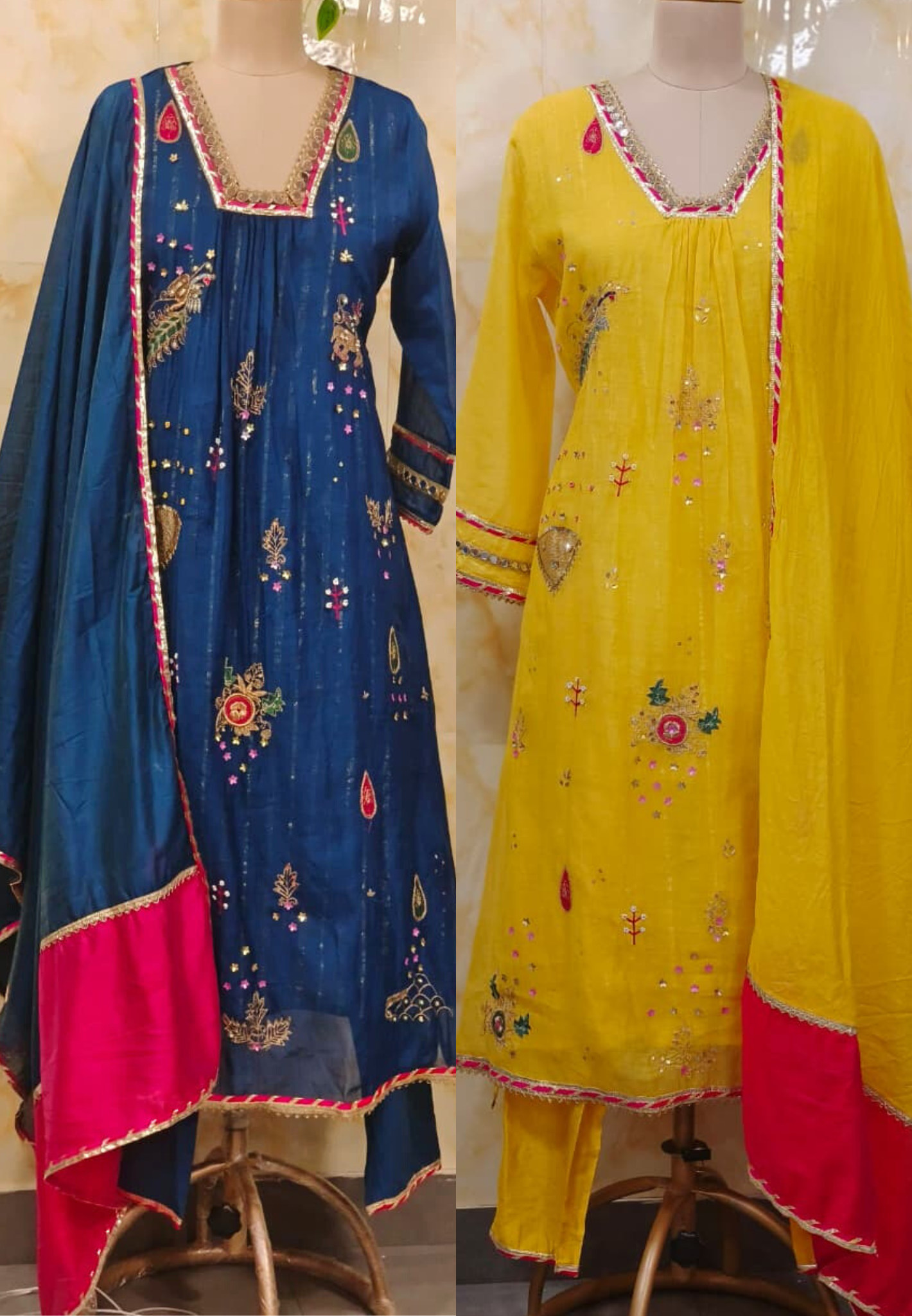 Beautiful Real Mirror V-Neck Embroidered Full Suit Set With Dupatta In Mul Chanderi Fabric- 10795, 10796