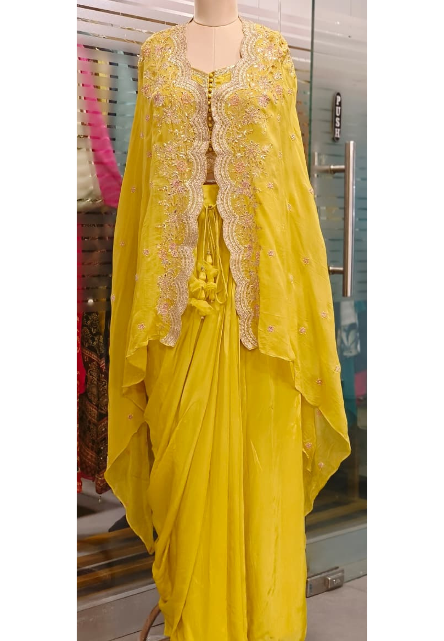 Heavy Handwork Beautiful Cut Work Bordered Shrug With Padded Crop Top & Drape Skirt- 11743