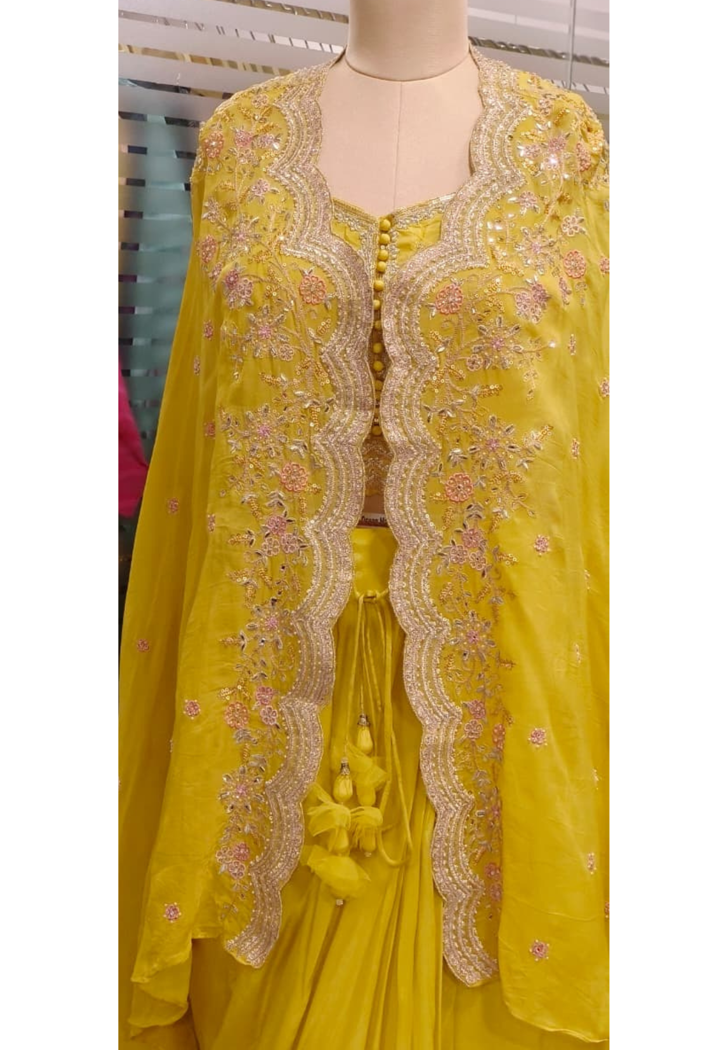 Heavy Handwork Beautiful Cut Work Bordered Shrug With Padded Crop Top & Drape Skirt- 11743