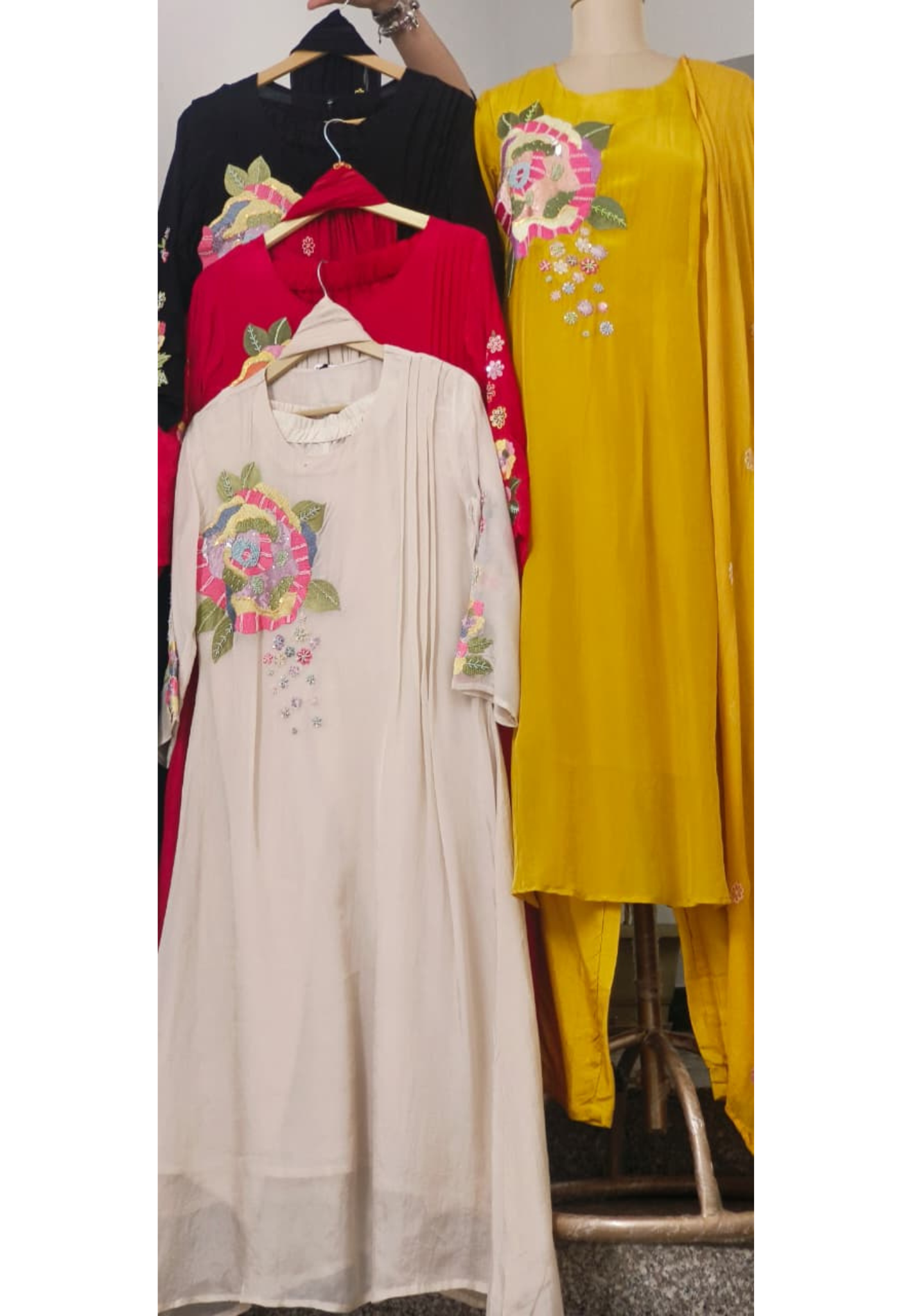 Colorful Vibrant Thread Embroidery Work A-Line Full Suit Set With Dupatta In Organza Crepe Fabric- 11512