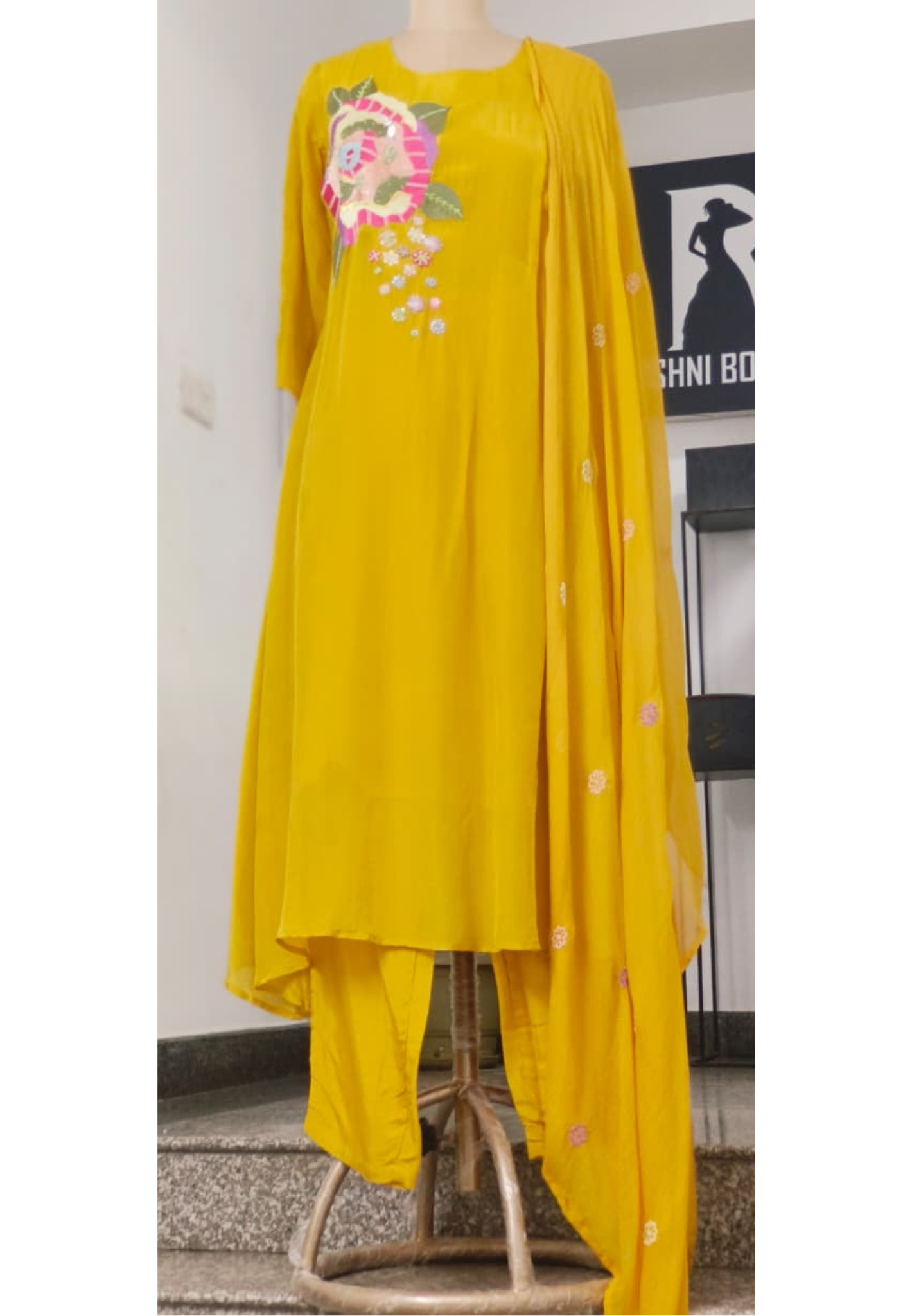 Colorful Vibrant Thread Embroidery Work A-Line Full Suit Set With Dupatta In Organza Crepe Fabric- 11512