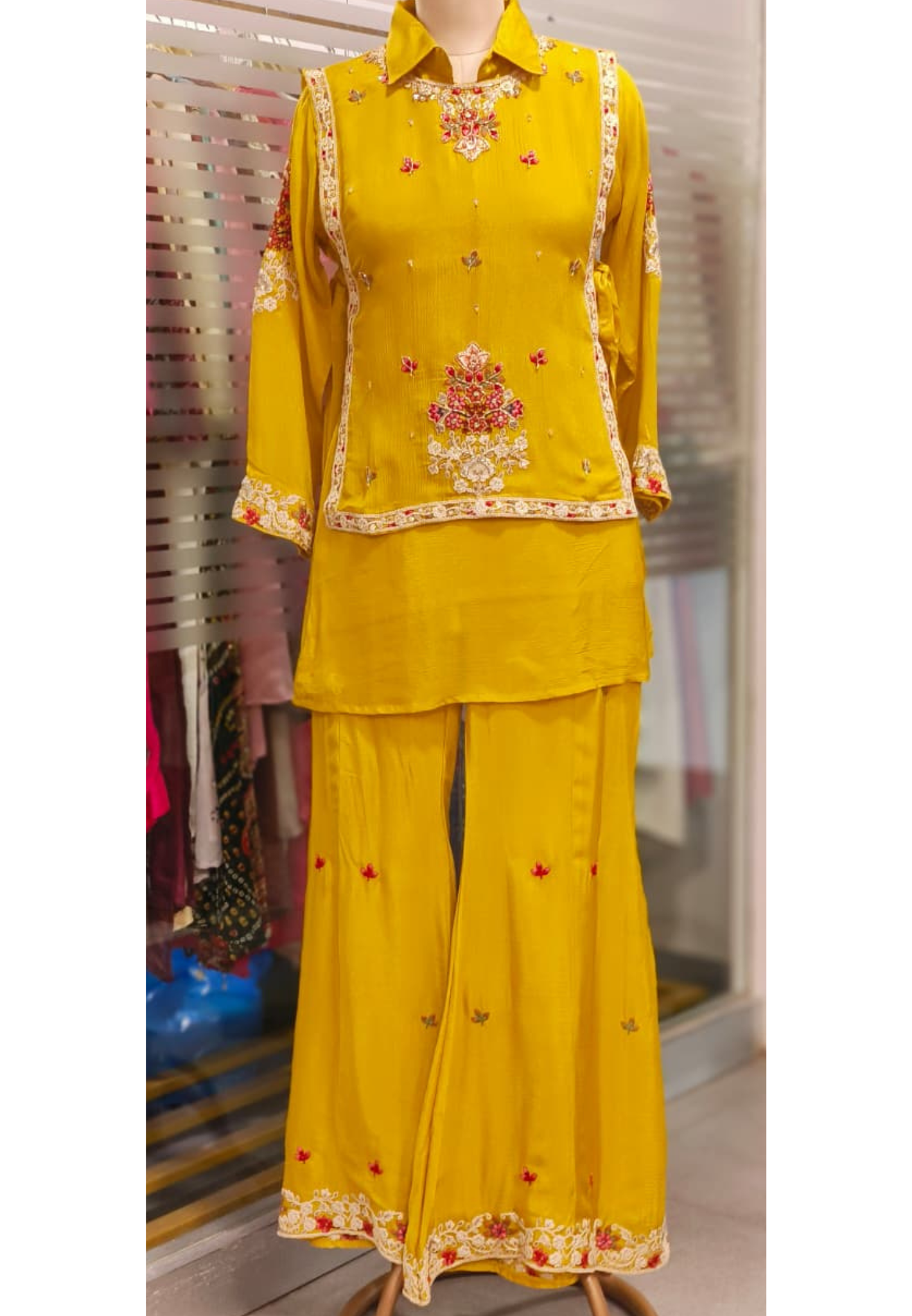 Over Layered Beautiful Embroidered Kurta With Panel Palazzo Bottom In Chinon Fabric- 11819