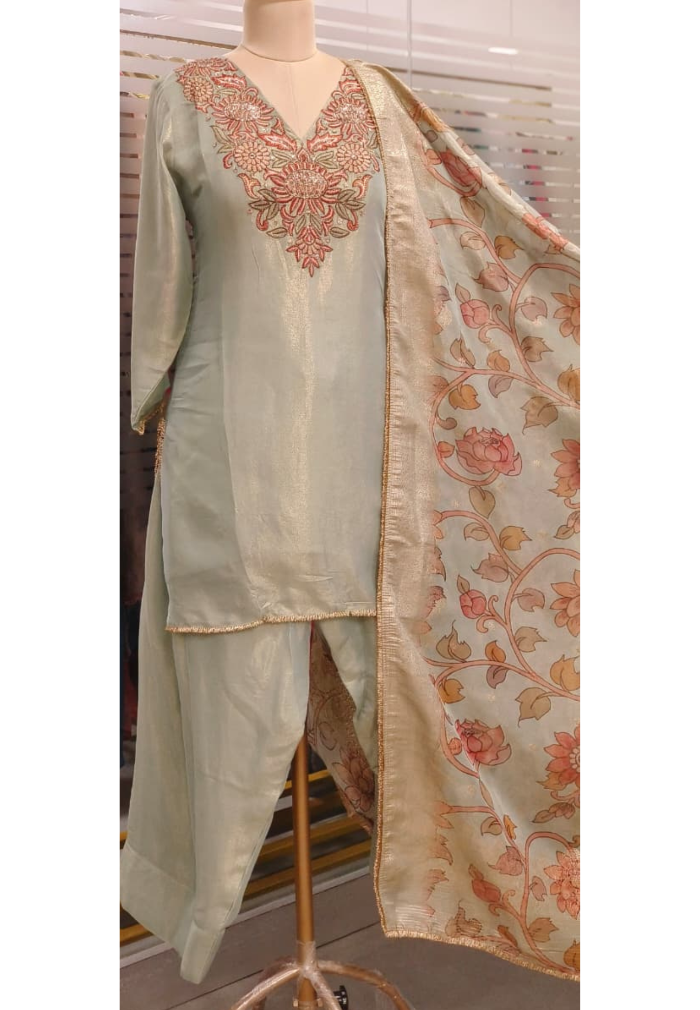 Sequencly Embroidered Front Yoke Tissue Full Suit Set With Farsi Bottom & Floral Dupatta - 11818