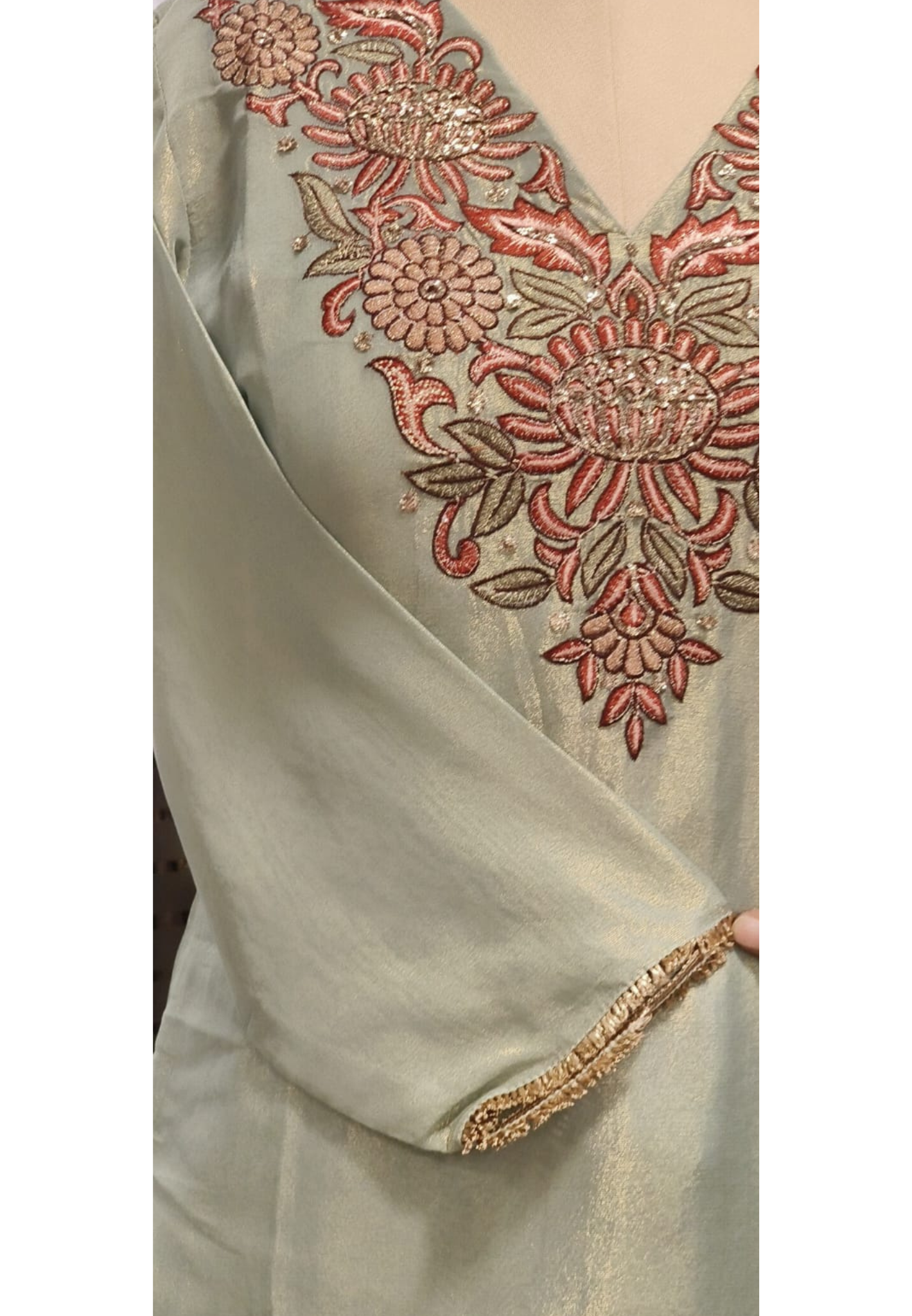 Sequencly Embroidered Front Yoke Tissue Full Suit Set With Farsi Bottom & Floral Dupatta - 11818