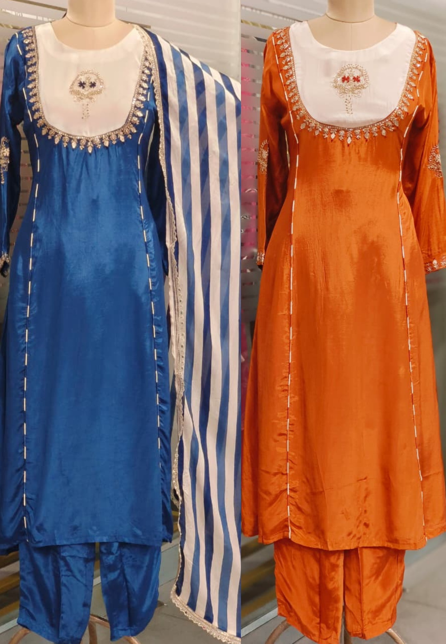 U-Yoke Zardosi Embroidered A-Line Full Suit Set With Striped Dupatta In Crepe Fabric- 11781, 11782