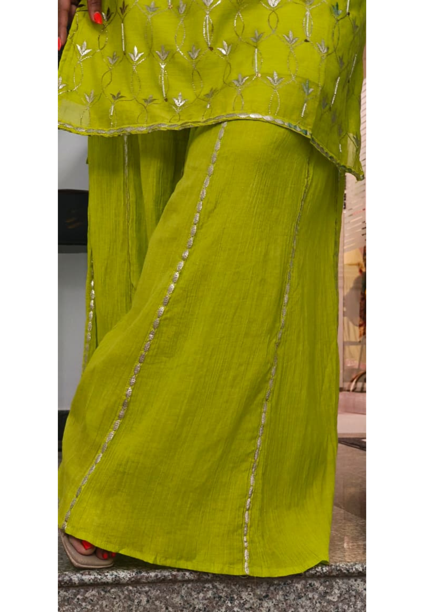 Elegant Gotta With Tiny Pearl Over Work Full Suit Set With Dual Tone Dupatta & Loose Palazzo Crush Gotta Work Bottom- 11828