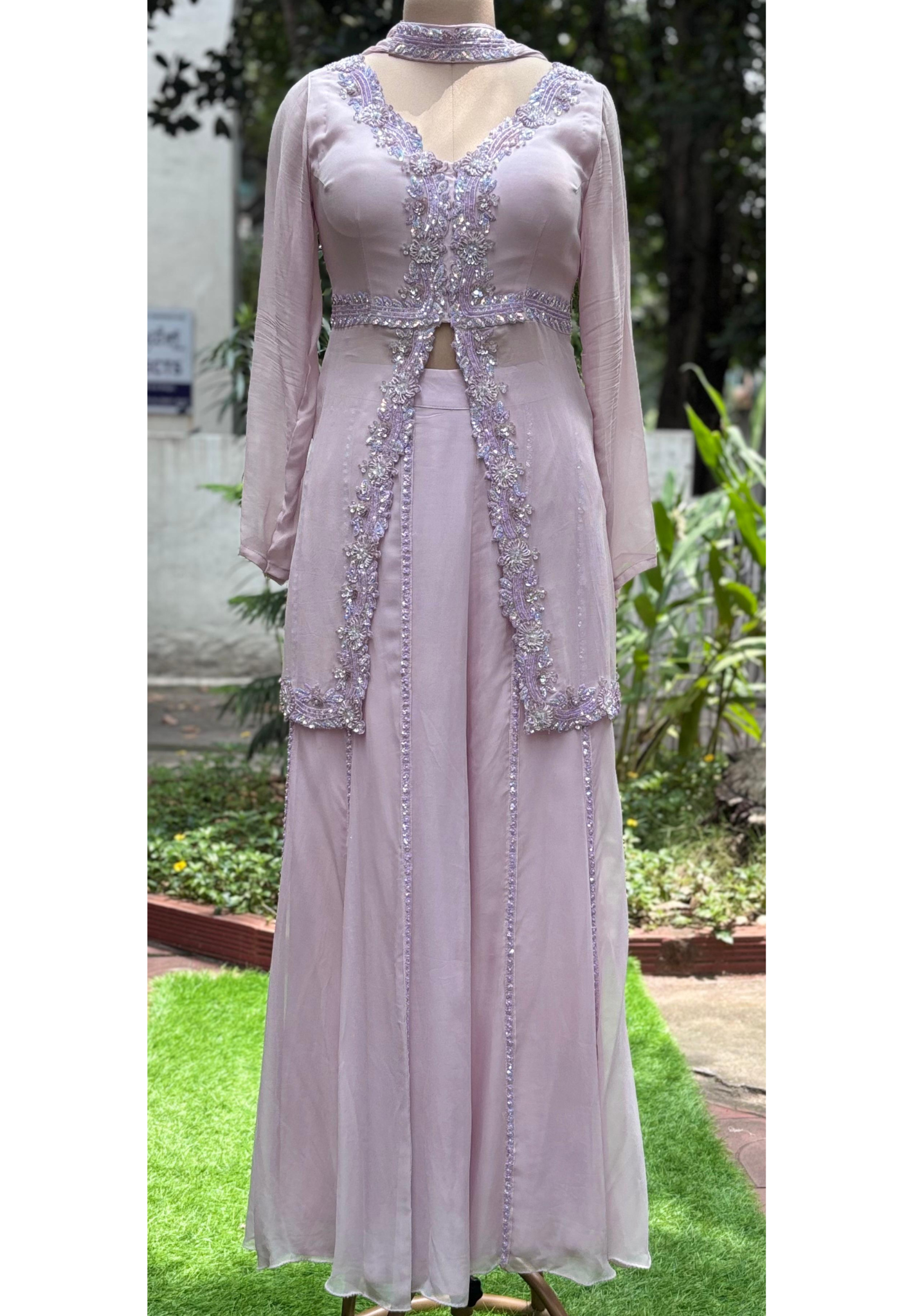 Crystal Ensemble Very Elegant Front Slit Short Kurta With Flared Panel Palazzo Bottom