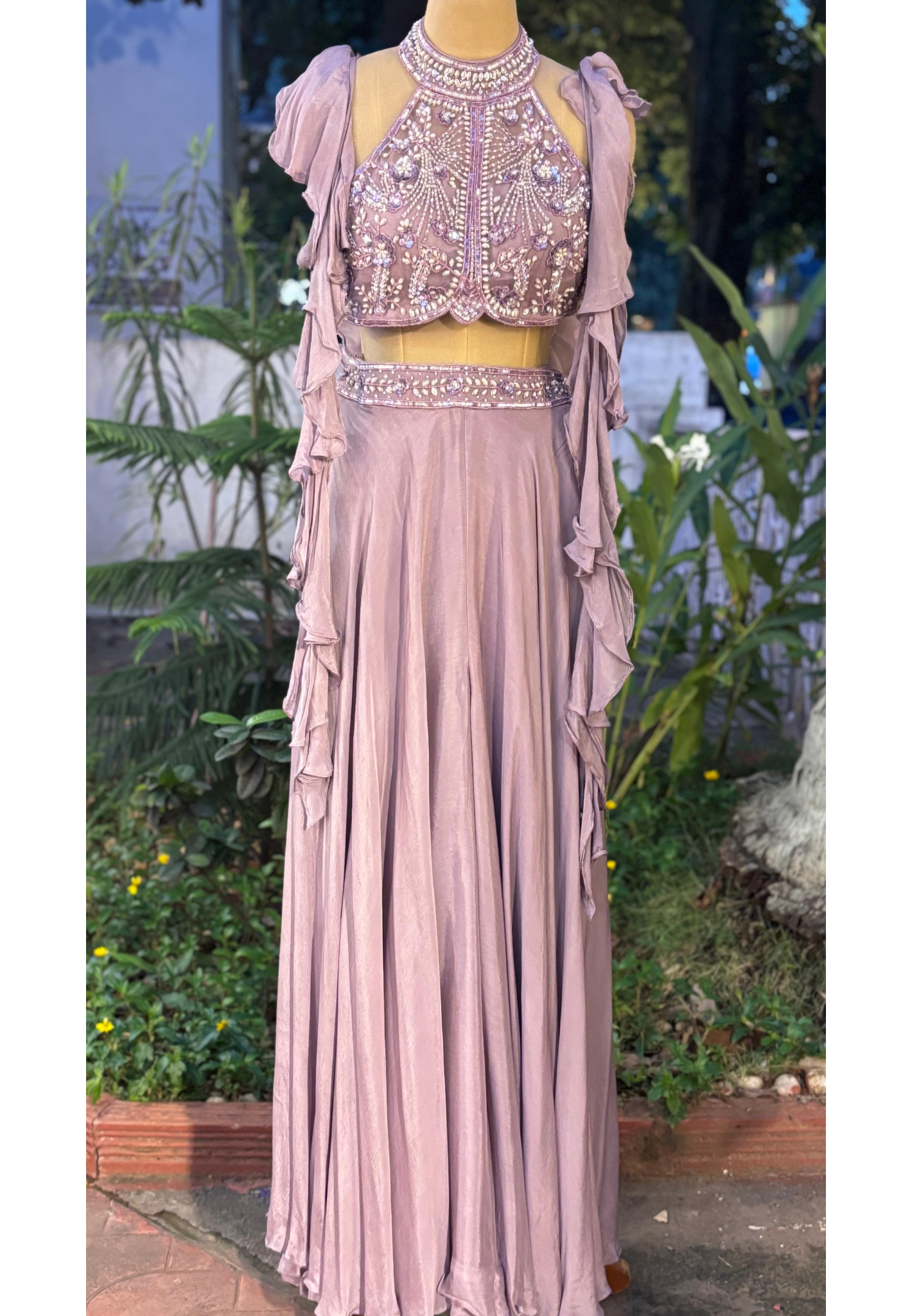 Pearl Elegance Glamorous High Neck Crop Top With Flared Skirt & Ruffle Dupatta- 11153