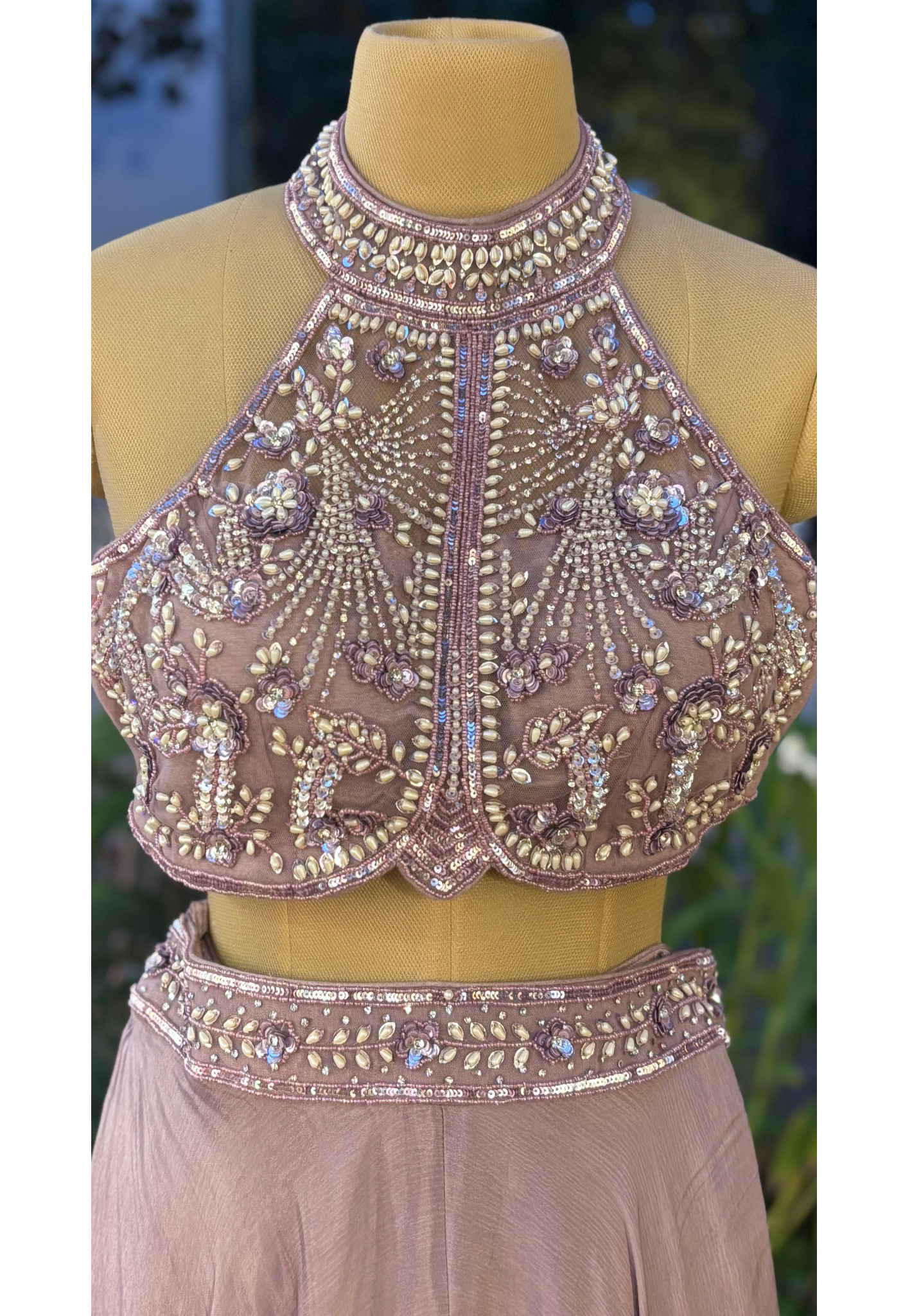 Pearl Elegance Glamorous High Neck Crop Top With Flared Skirt & Ruffle Dupatta- 11153