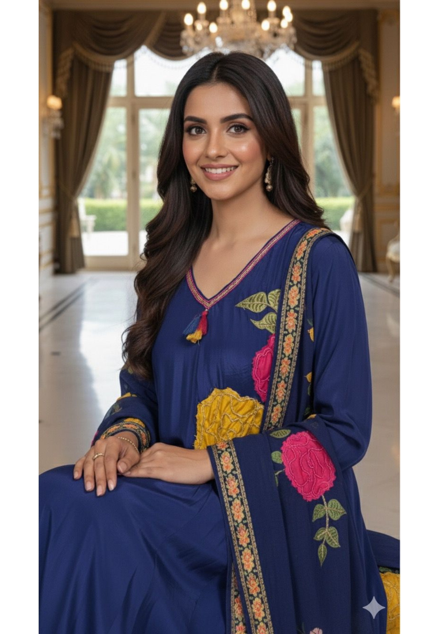 Floral Embroidered Work V-Neck Tassel A-Line Full Suit Set With Dupatta In Crepe Fabric- 11965, 11966