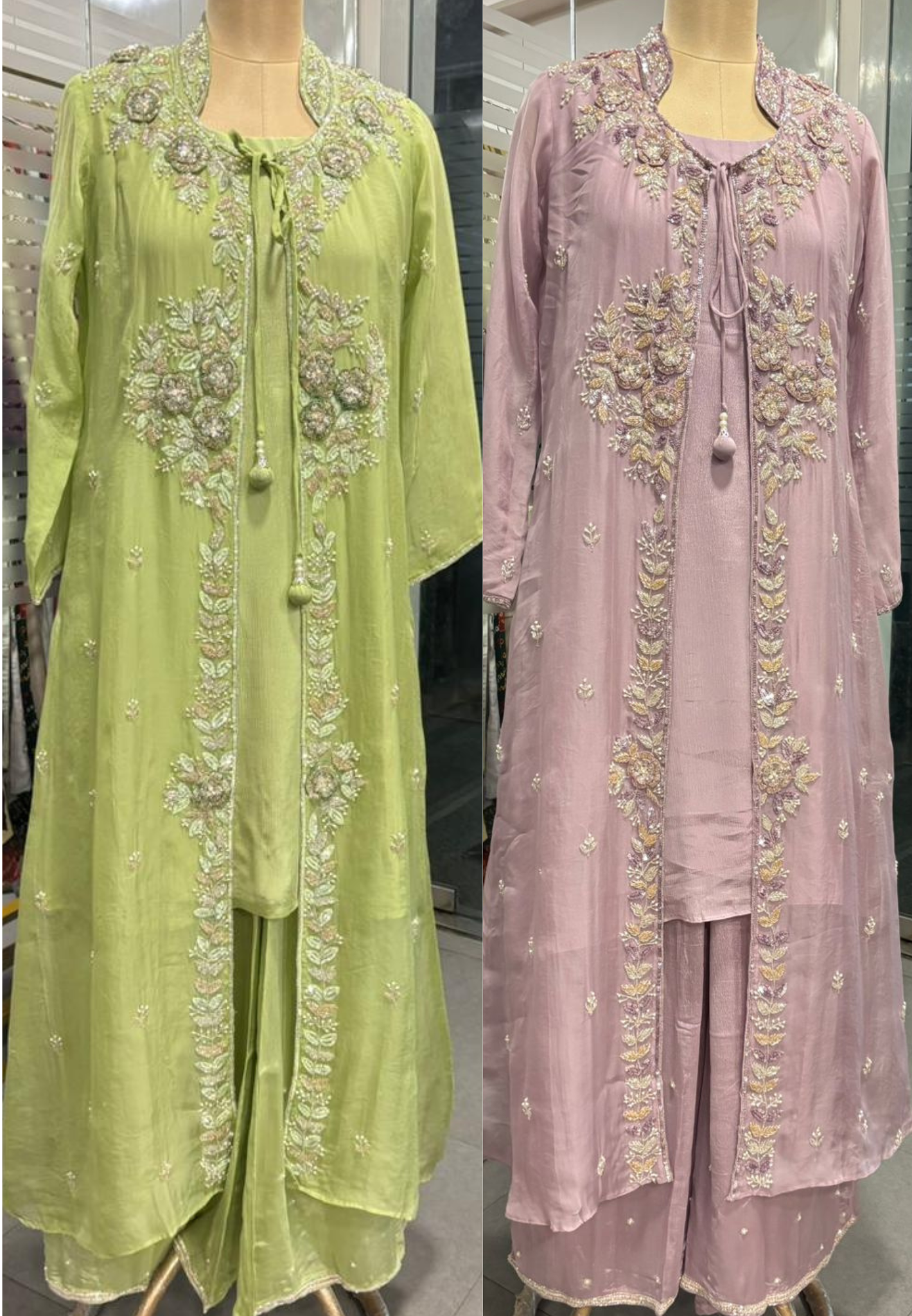 Heavily Floral Handworked Embroidered Gardenia Collared Shrug With Kurta & Palazzo Bottom