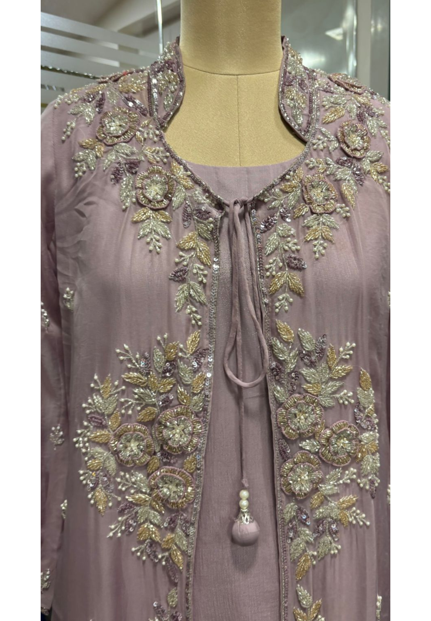 Heavily Floral Handworked Embroidered Gardenia Collared Shrug With Kurta & Palazzo Bottom