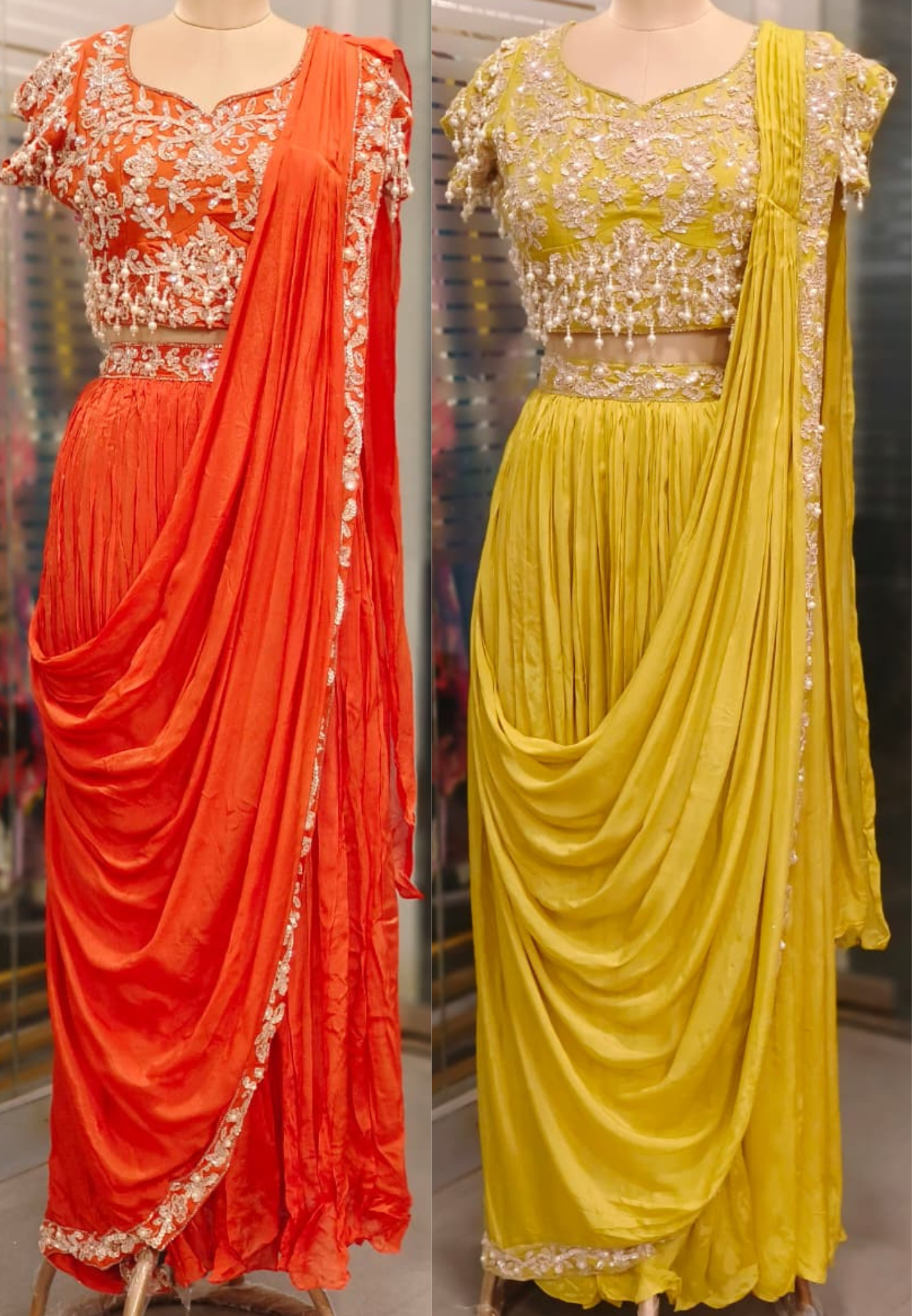 Sequin Embroidered With Heavy Pearl Tassel Blouse & Drape Skirt Saree Style Outfit