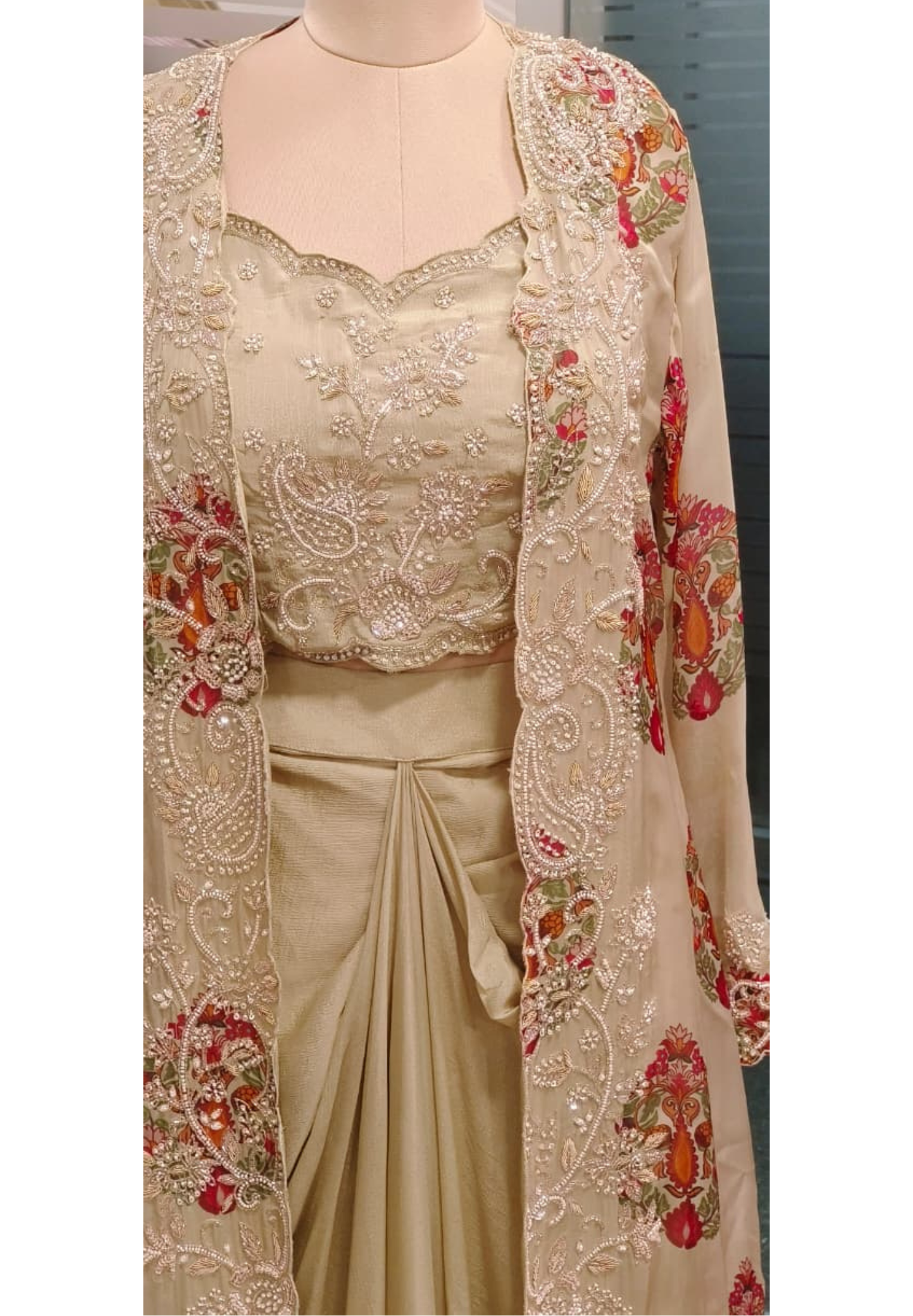 Pastel Elegance Mini Pearl Floral Print Shrug With Buster & Drape Skirt