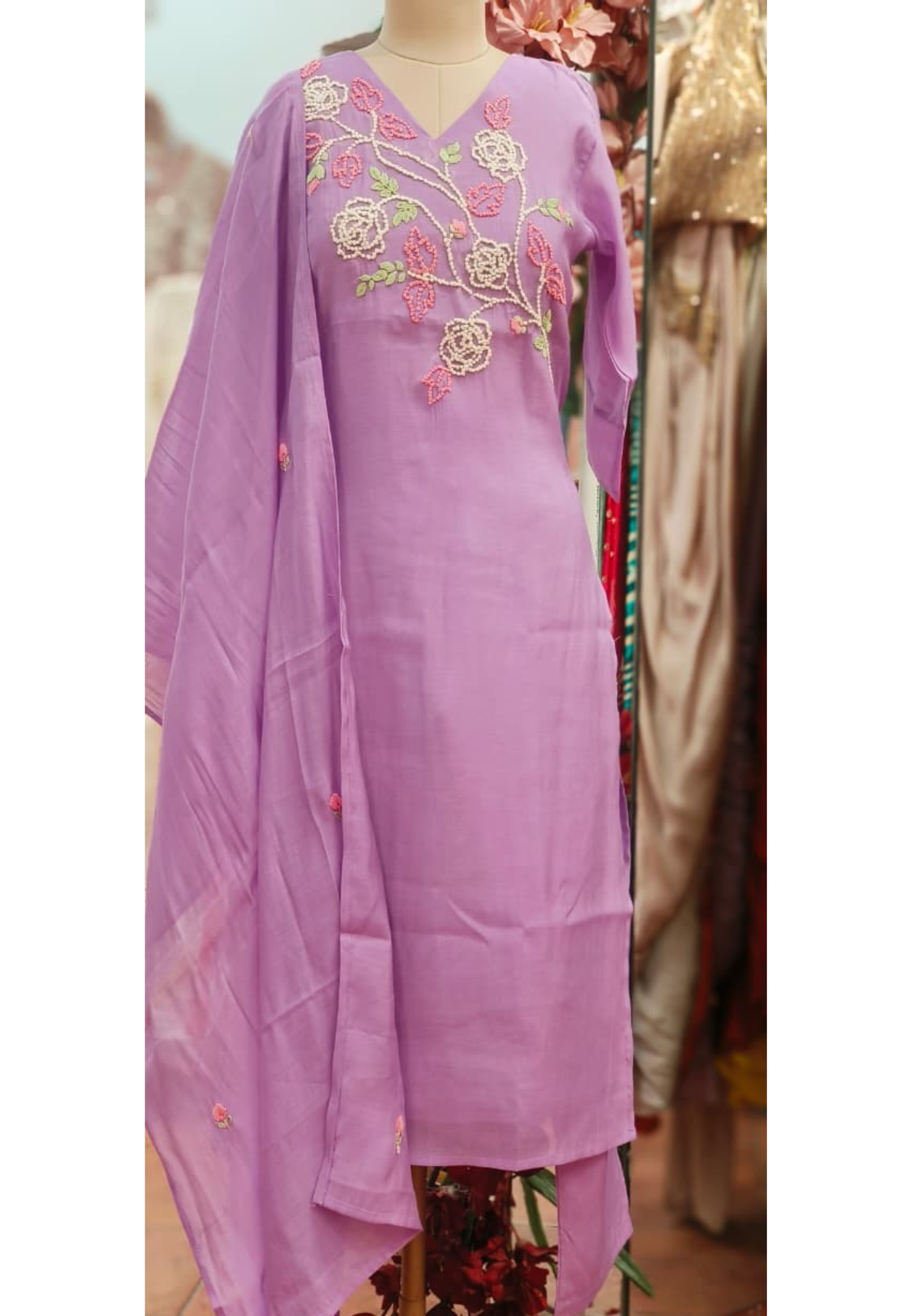 Katha Stitch Thread Embroidered Full Suit Set With Dupatta In Surat Mul Chanderi Fabric- 12001