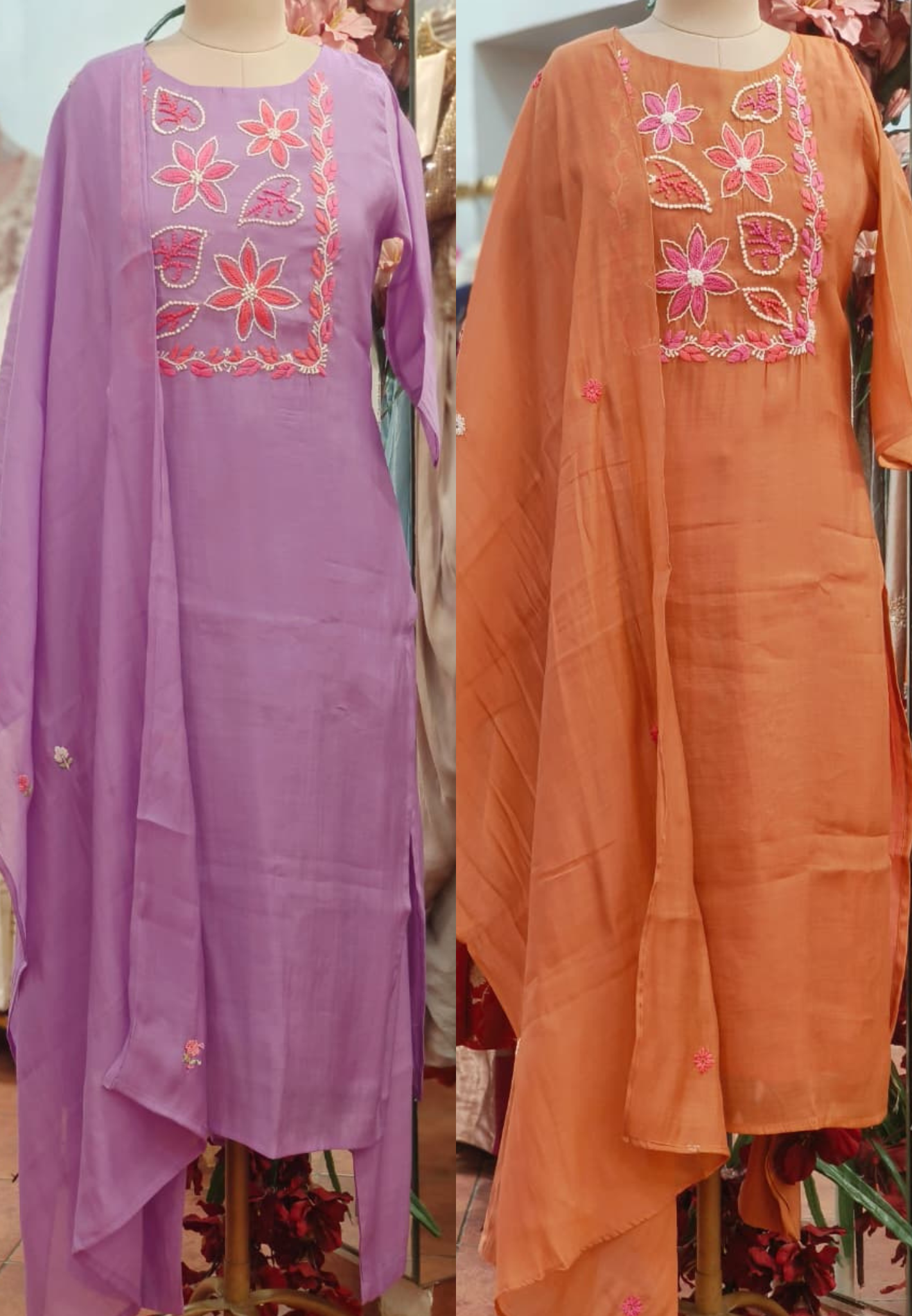 Katha Thread Embroidered Soft Tone Full Suit Set With Dupatta In Surat Mul Chanderi Fabric- 12002, 12005