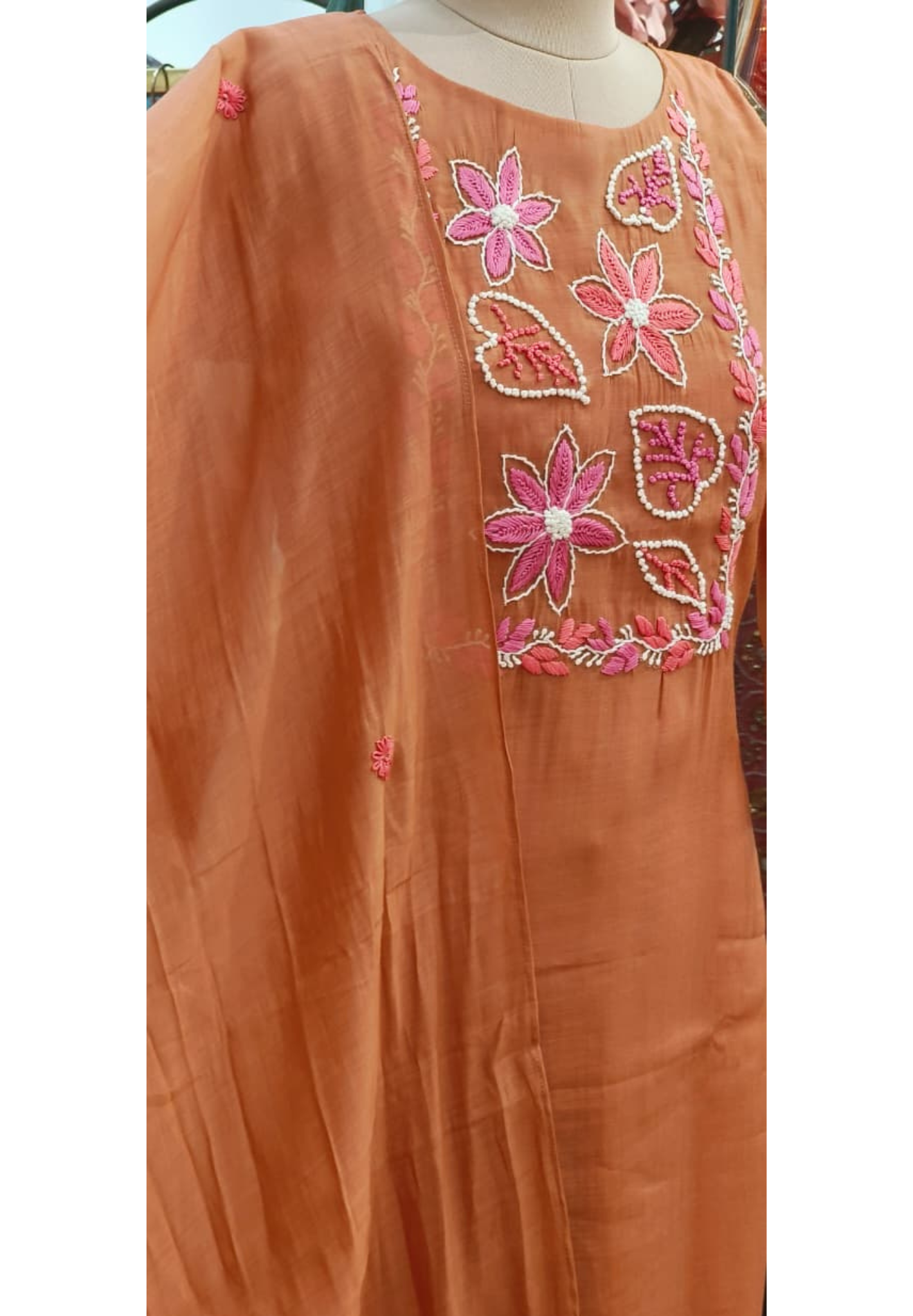 Katha Thread Embroidered Soft Tone Full Suit Set With Dupatta In Surat Mul Chanderi Fabric- 12002, 12005
