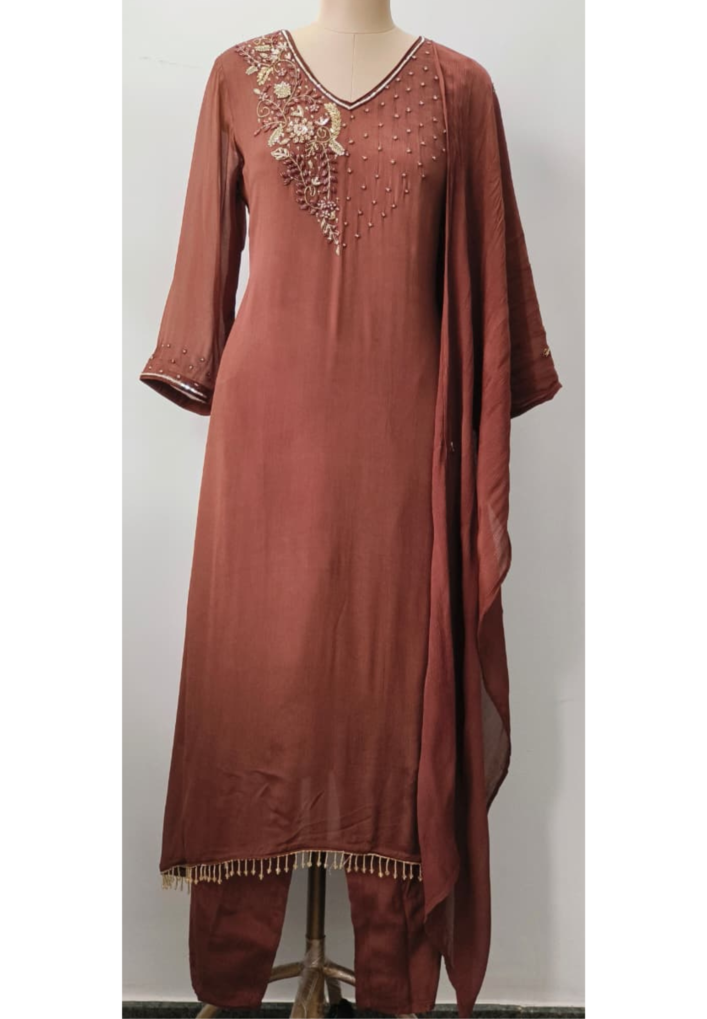 Beads Ensemble Cut Dana Front Work Solid Full Suit Set With Dupatta In Crepe Fabric- 11941