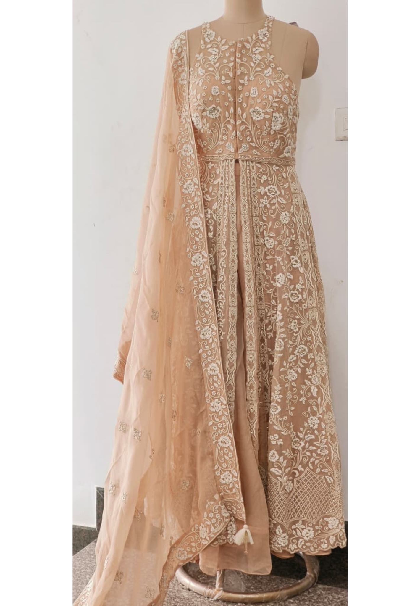 Thread Emboidered Stone Overlay Unique Back Style Front Slitted Sleeveless Anarkali With Bottom & Dupatta- 12044