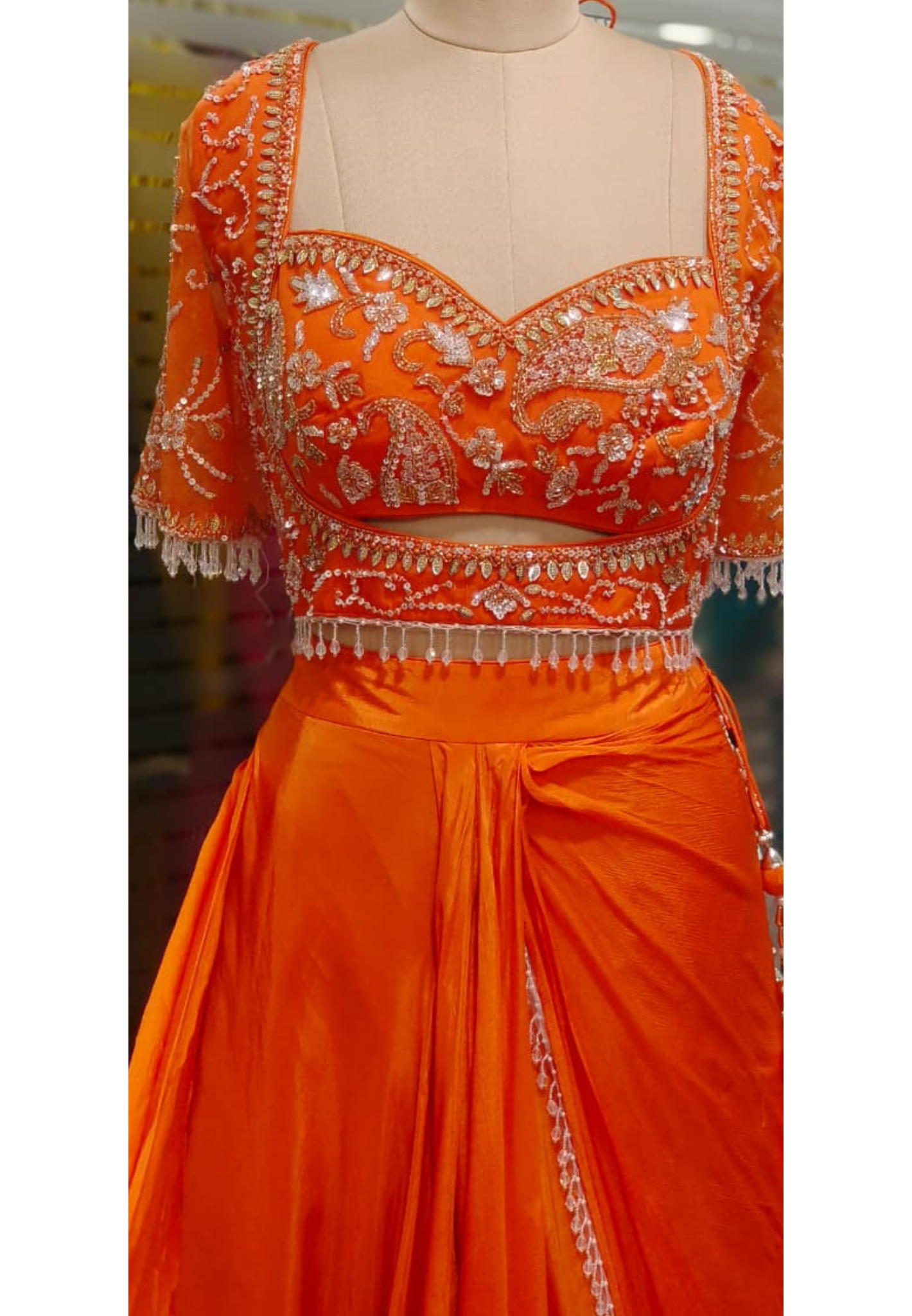 Crystal Tasselled Unique Cut Handworked Blouse With Drape Skirt Indo Western Wear
