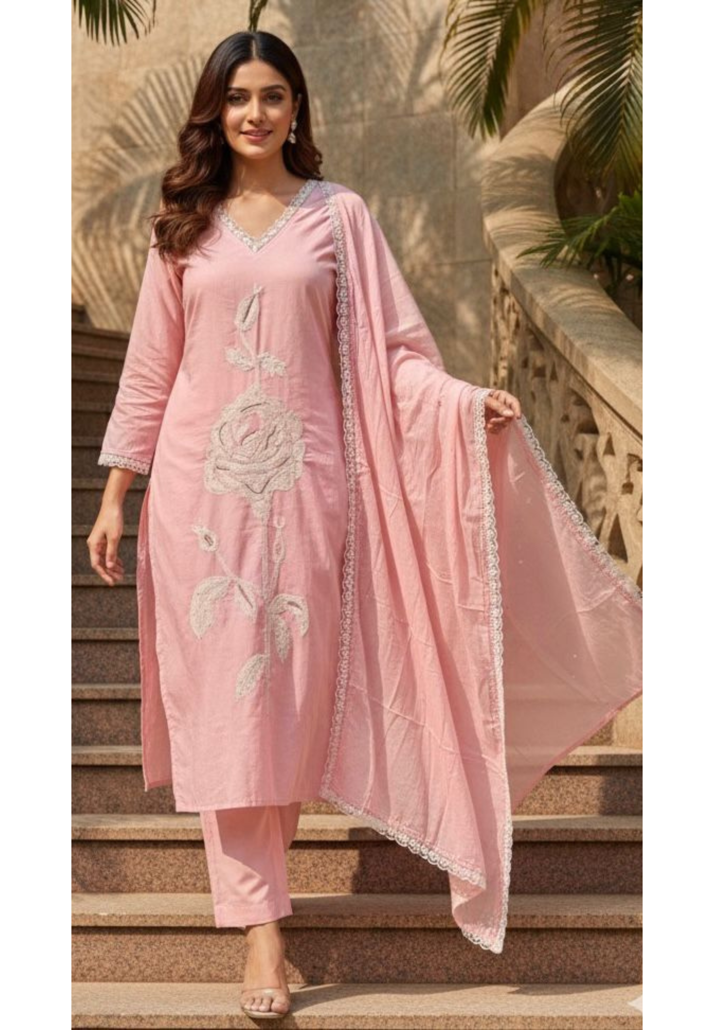 Giant Floral Thread Embroidery Baby Blush Soft Tone Full Suit Set With Dupatta In Cotton Fabric- 11708