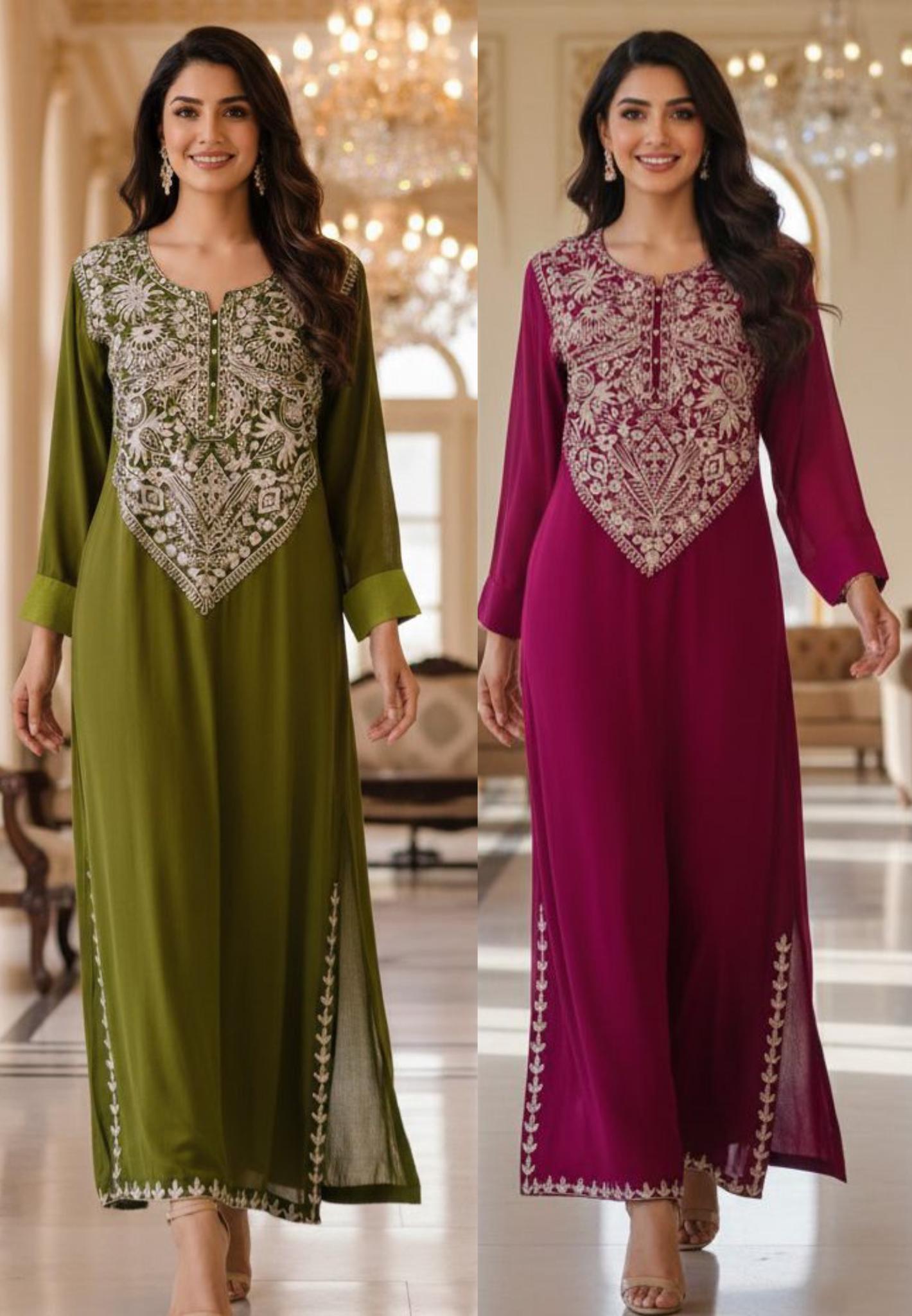 Imported Crepe Embroidered Zari Yoke Long Gown- 12087,12088
