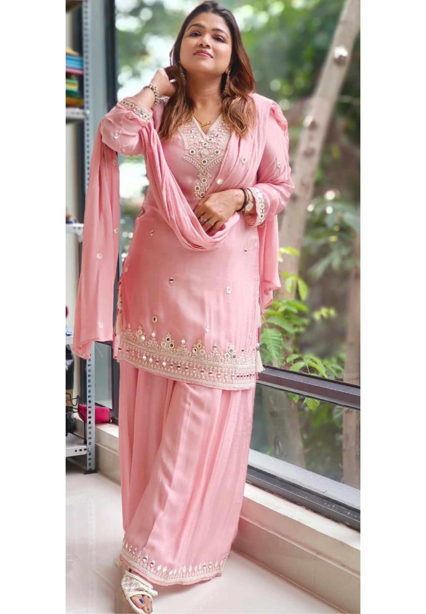 Chinon Party Wear Kurta Set with Loose Bottom  Mirror Embroidery and Dupatta Full Suit Set-12126,12125