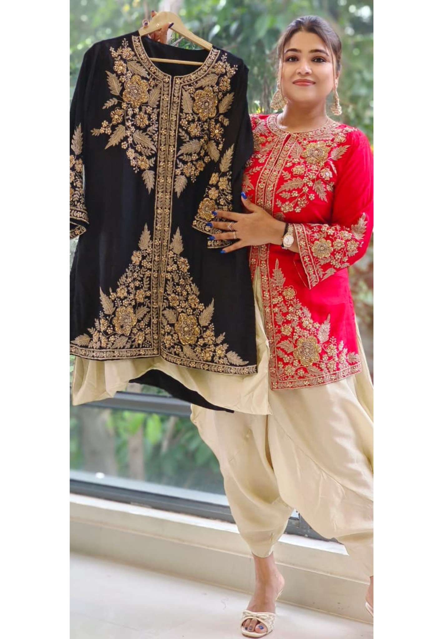 Front Slitted Grand Work Short Length Kurta With Designer Harem Bottom- 12147