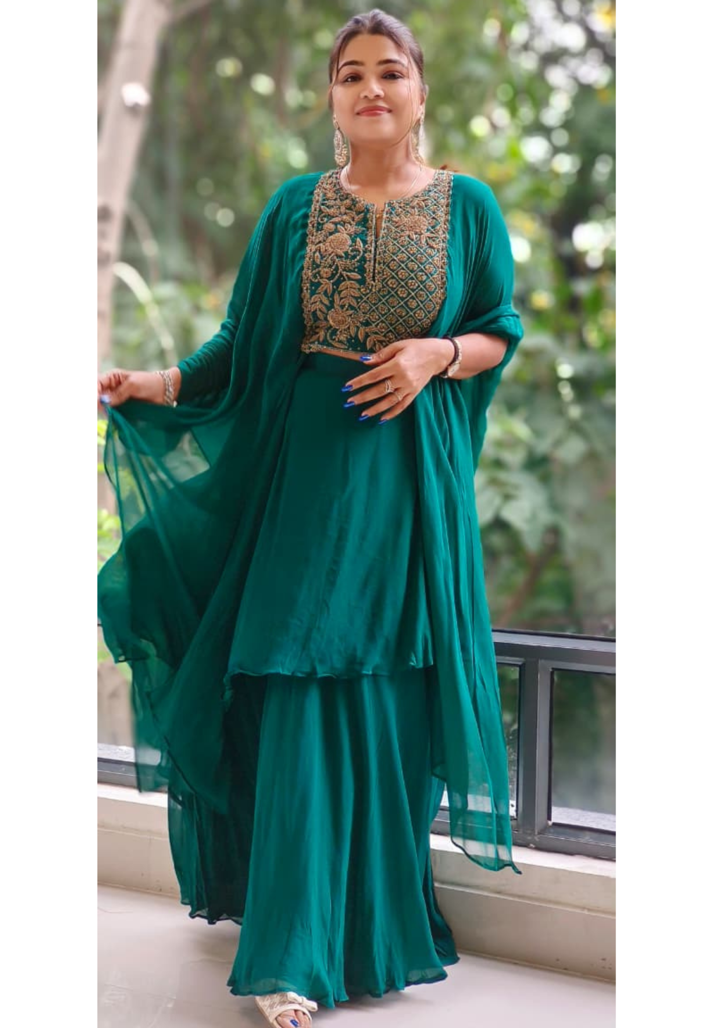Heavily Worked Flowy Cape With Attached Buster With Layered Skirt Indo Western Wear- 12146
