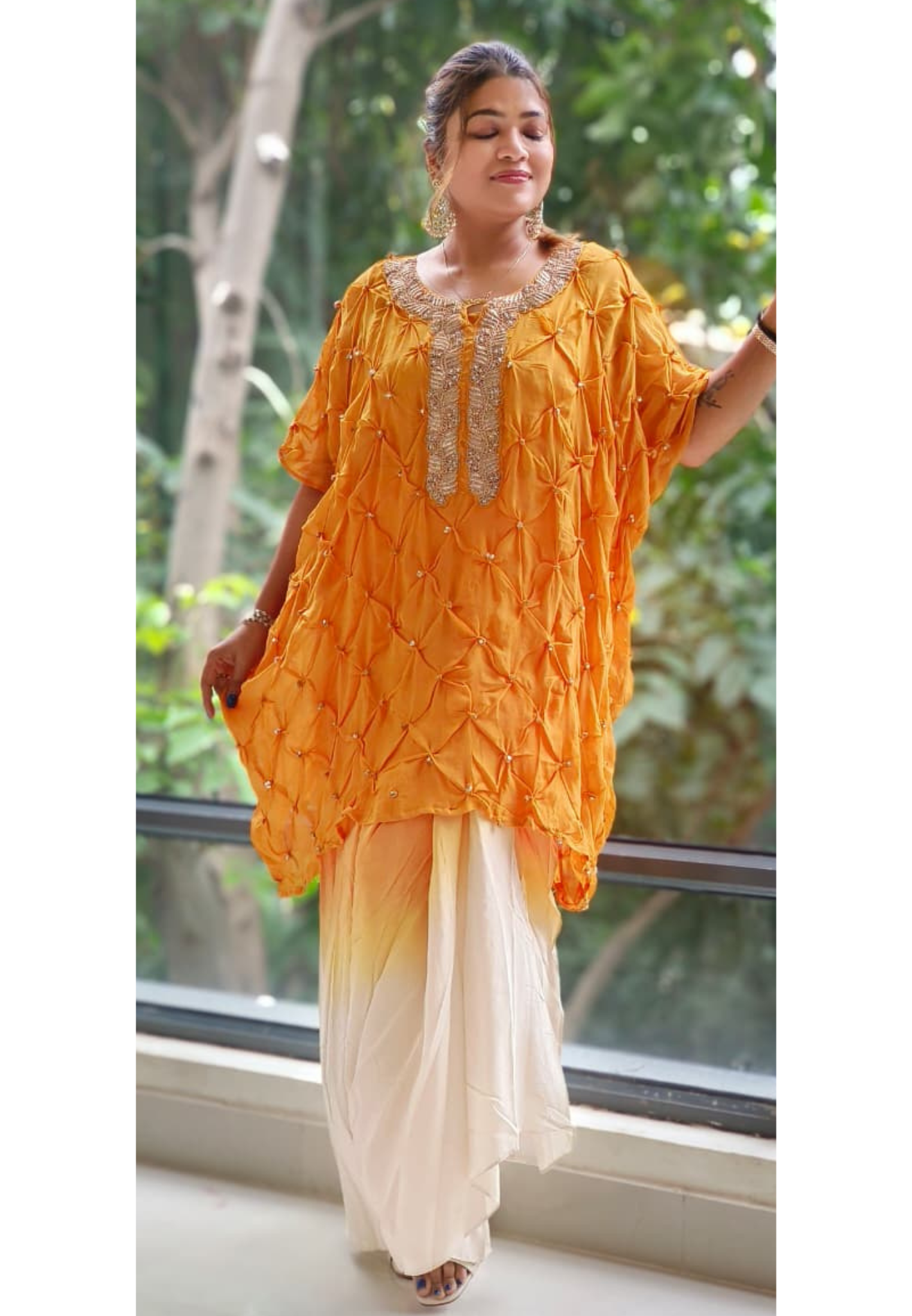 Unique Tie & Die Suttle Work Kaftan Look Kurta With Double Toned Drape Skirt Indo Western Wear- 12144