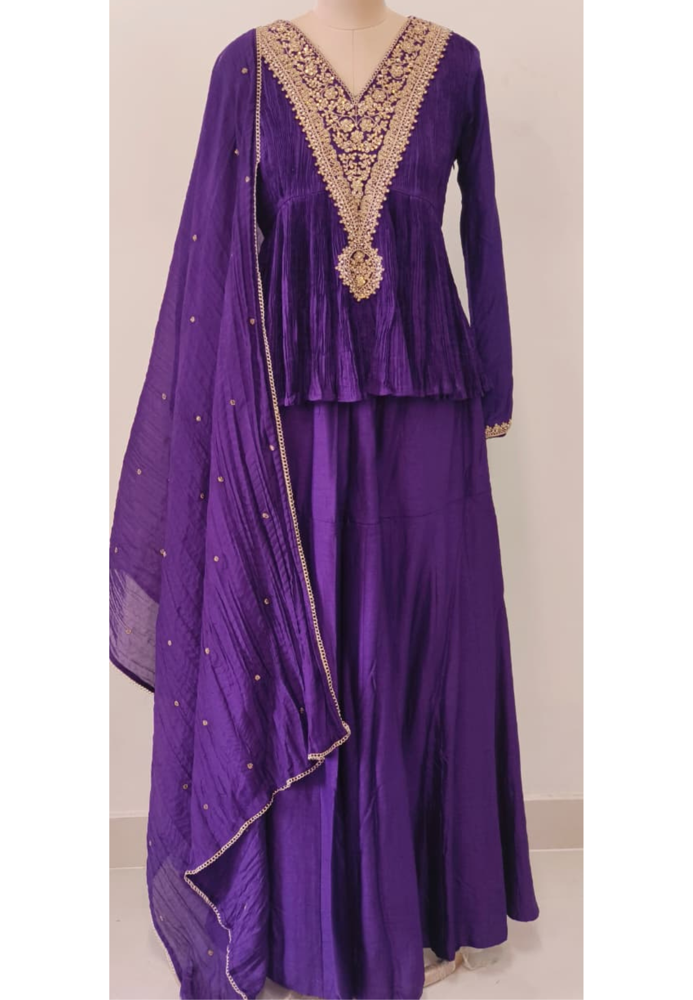 Very Stylish Zari Coiled V-Designed A-Line Short Kurta With Panel Palazzo Bottom & Dupatta In Crush Fabric- 12152