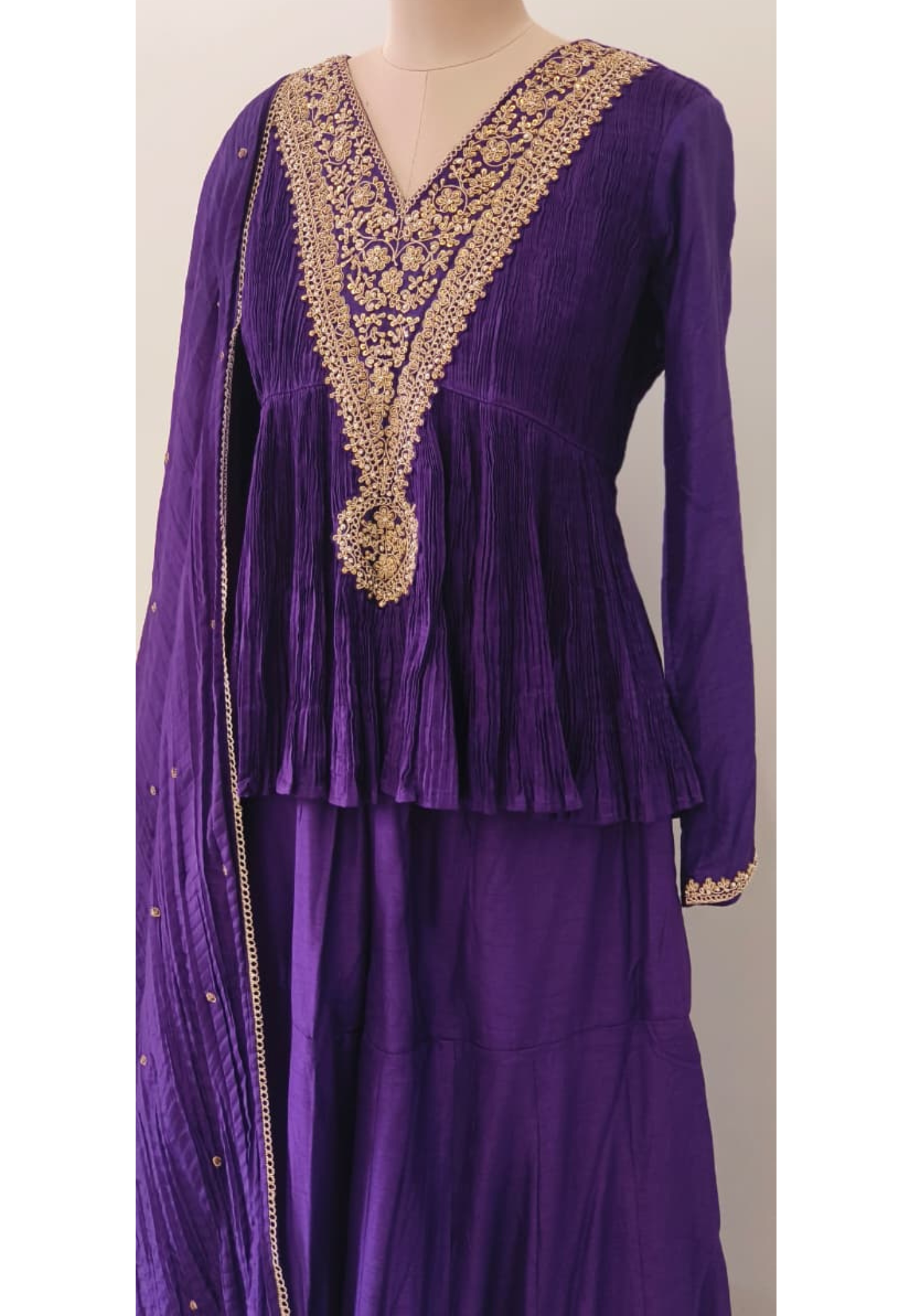 Very Stylish Zari Coiled V-Designed A-Line Short Kurta With Panel Palazzo Bottom & Dupatta In Crush Fabric- 12152