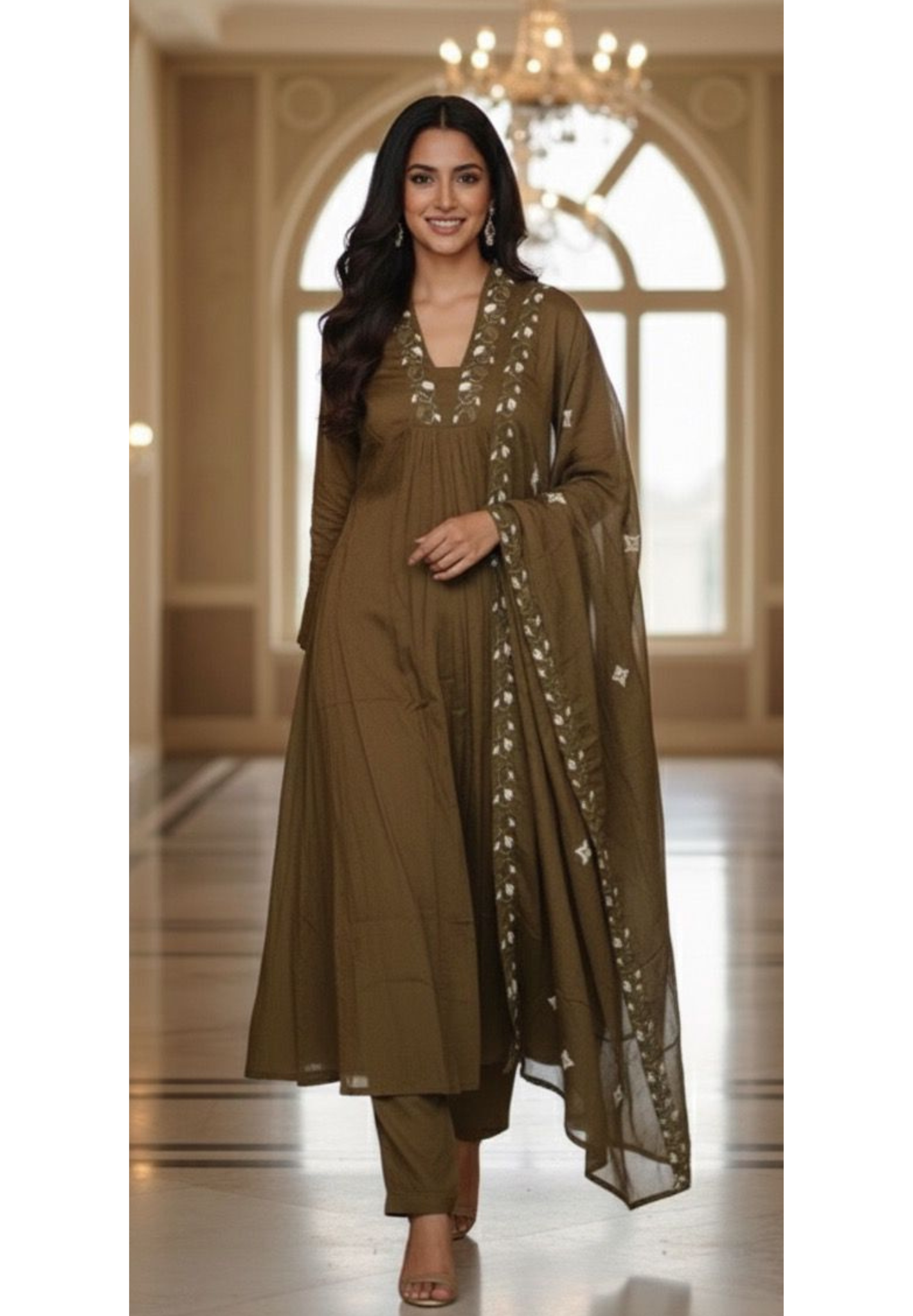 Thread Embroidered V Neck Aline Chinon Fabric Full Suit Set With Dupatta-11729