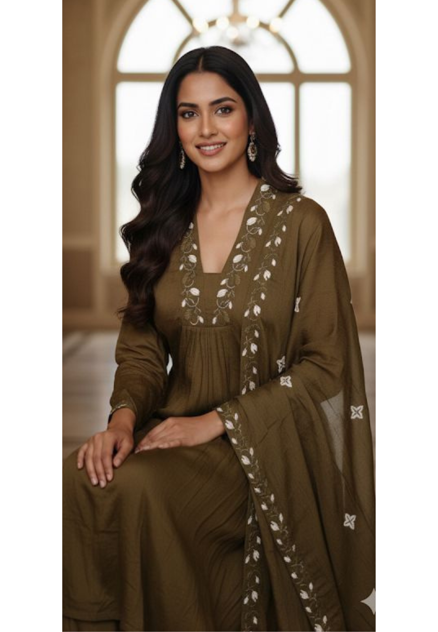 Thread Embroidered V Neck Aline Chinon Fabric Full Suit Set With Dupatta-11729