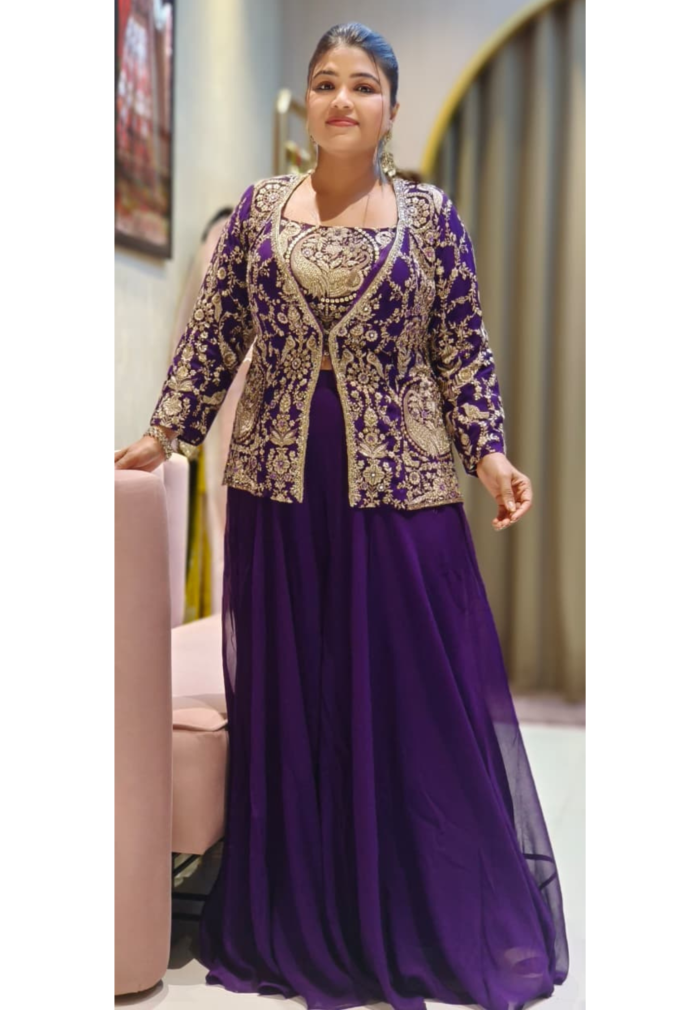 Heavily Worked Middle Length Jacket With Buster & Very Flared Loose Palazzo Bottom- 12471