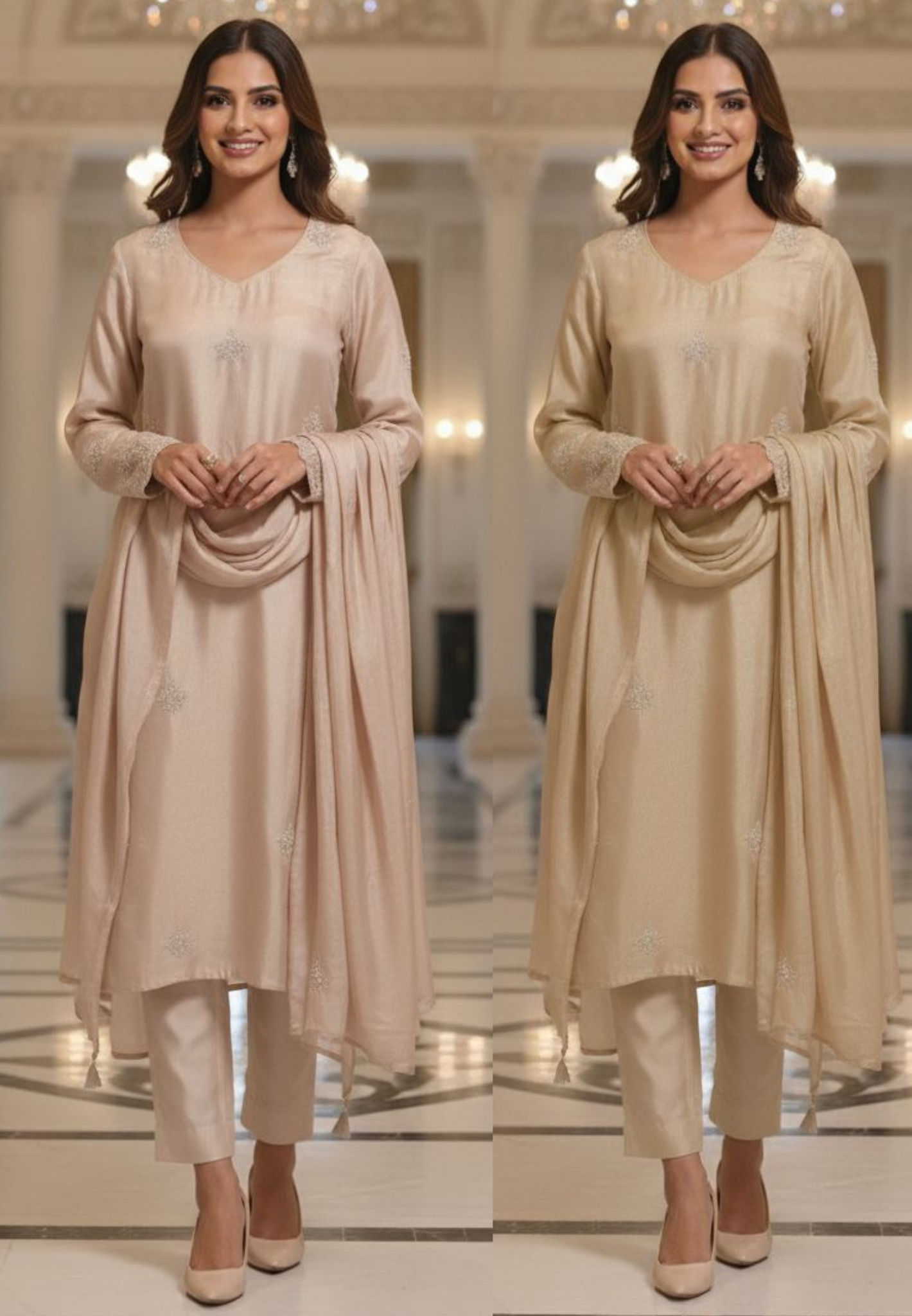 Very Minimal Work Soft Toned Tissue A-Line Full Suit Set With Dupatta- 11944, 11945