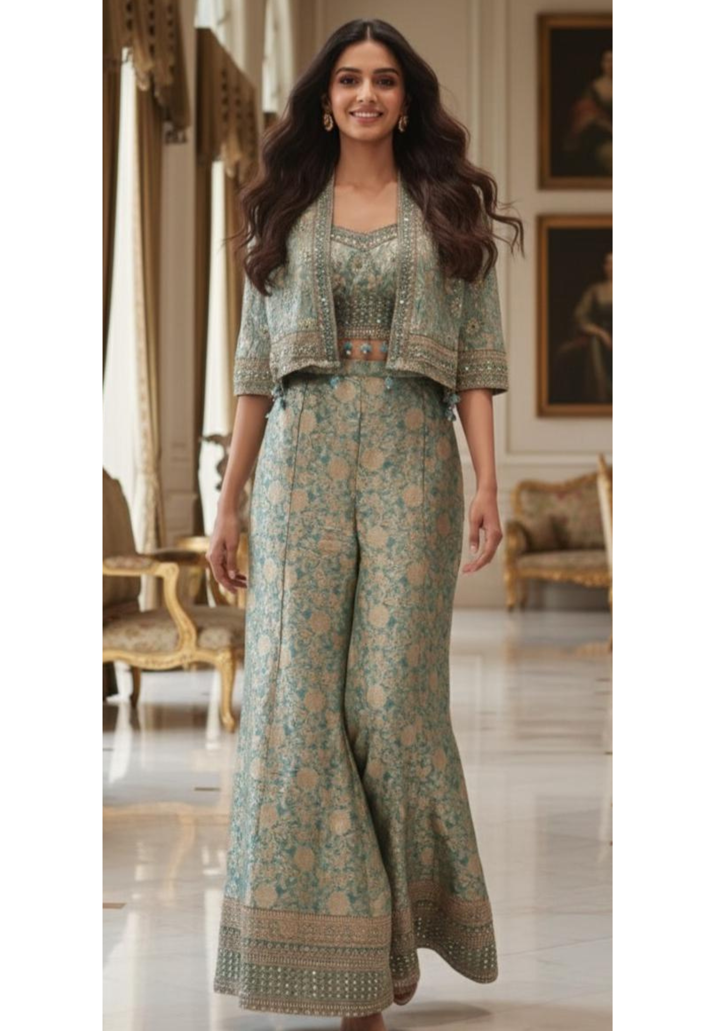 Very Elegant Embroidered Tasseled Cut-Jacket With Buster & Panel Palazzo Bottom- 12475