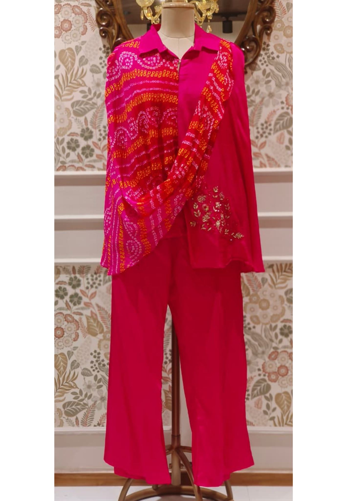 Front Layered Bandhej Print Collared Top With Plain Bottom- 12435