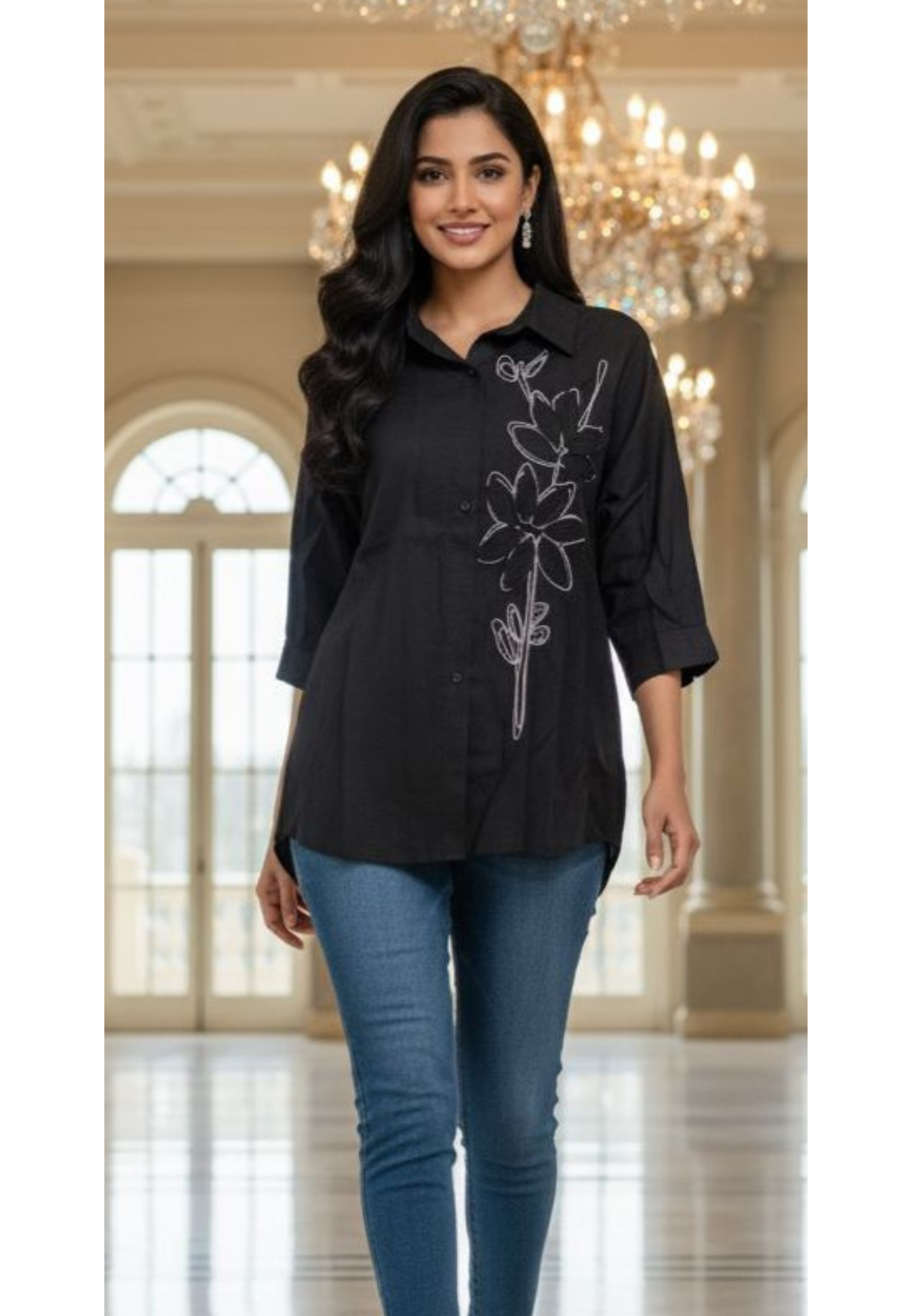 Floral Popped Collared Solid Over Sized Shirt