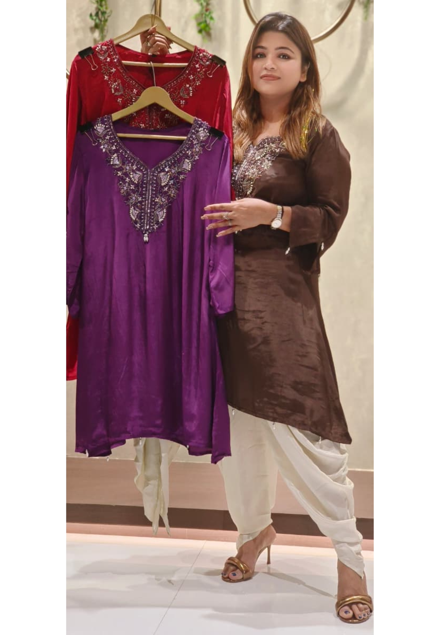 Front Neckline Tassel A-Line Kurta With Tulip Dhoti Pant In Crepe Fabric- 12530