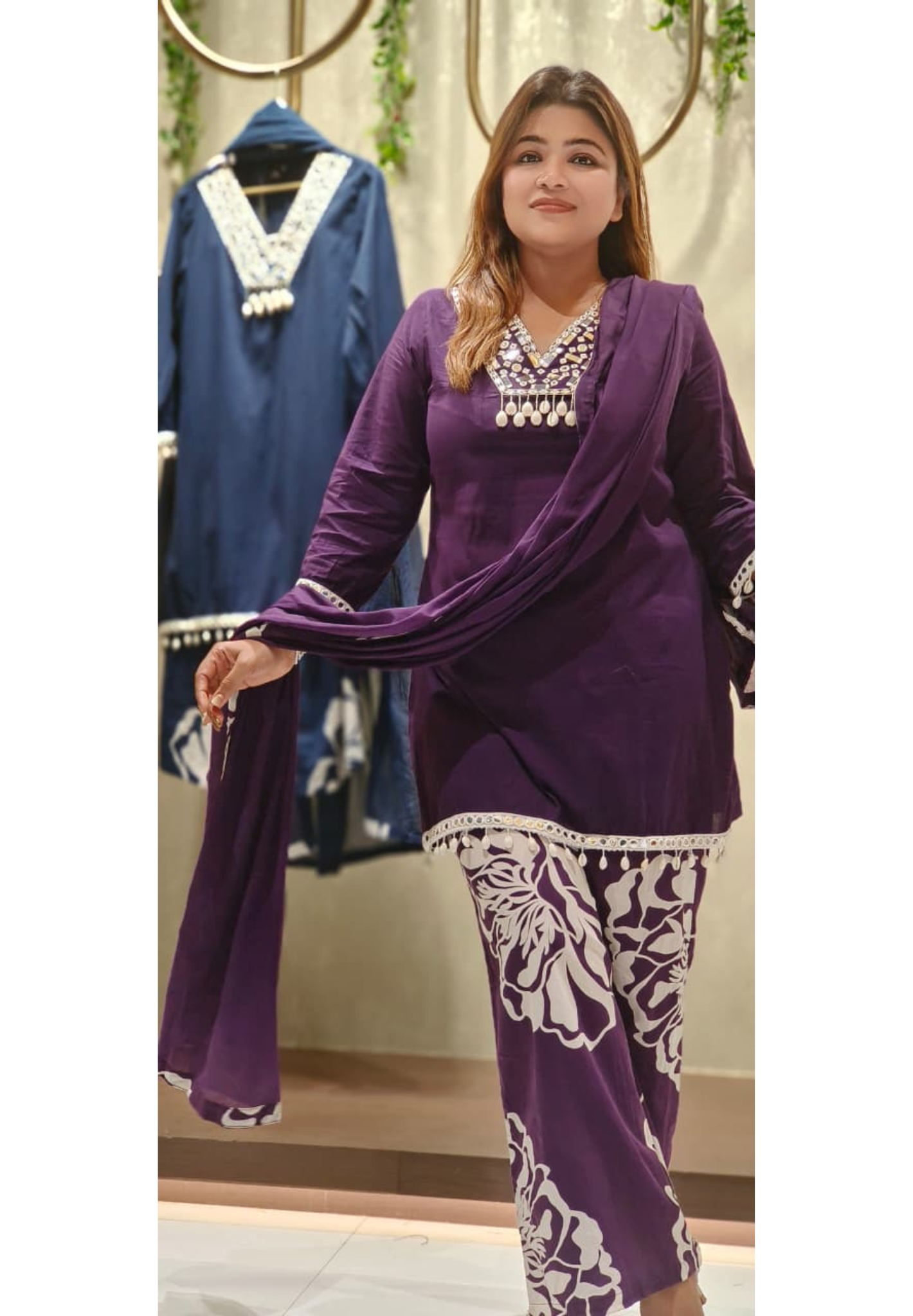 Glass Neck Shell Tassel Solid Kurta With Printed Loose Bottom Full Suit Set With Dupatta In Cotton Fabric-12558,12509