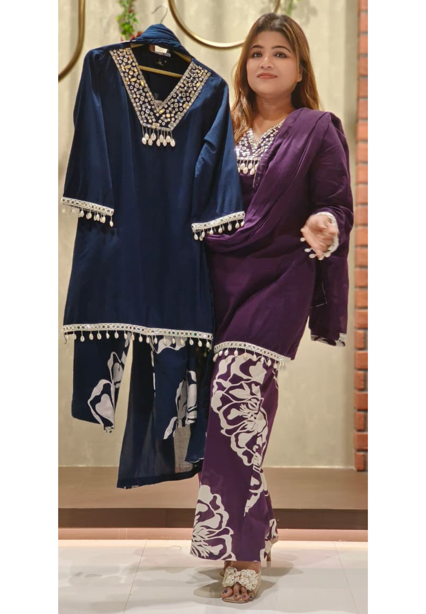 Glass Neck Shell Tassel Solid Kurta With Printed Loose Bottom Full Suit Set With Dupatta In Cotton Fabric-12558,12509