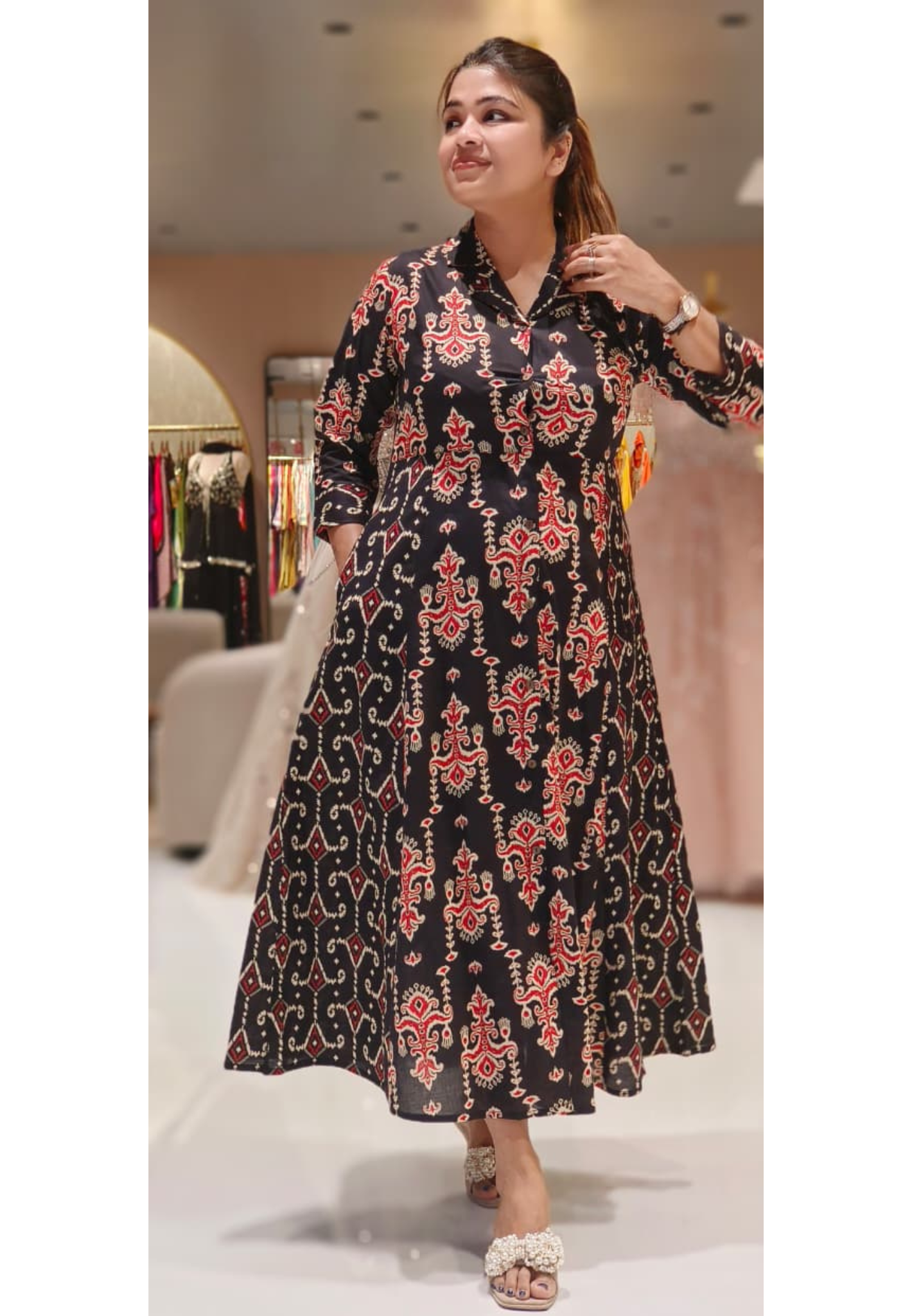 Multiprints Collared A-Line Frock In Cotton Fabric- 12510, 12511, 12512, 12513