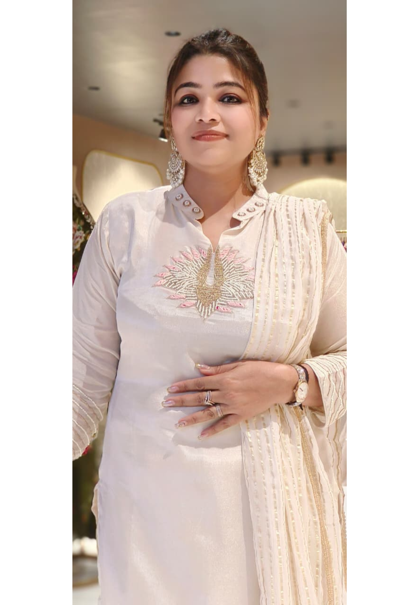 Minimal Thread Embroidered Full Suit Set With Golden Striped Dupatta & Loose Palazzo Bottom In Tissue Fabric- 12545