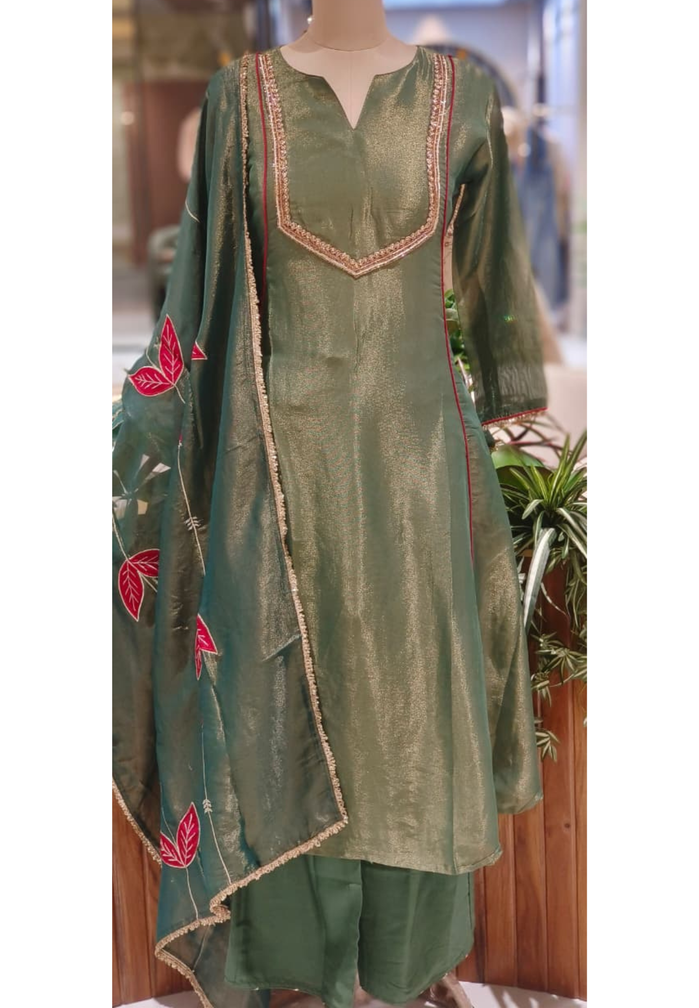 Very Minimal Suttle Work A-Line Full Suit Set With Golden Bordered Floral Dupatta In Tissue Fabric- 12549