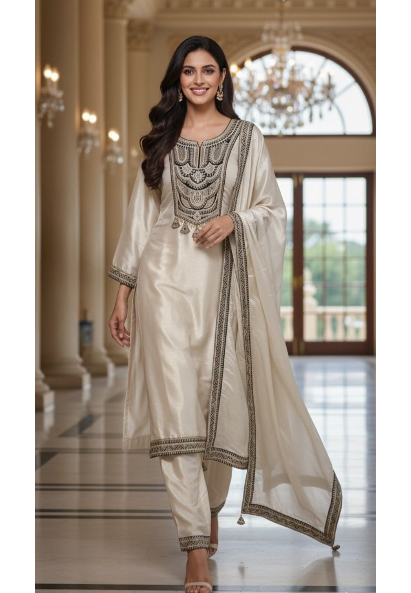Royal Embroidered With Tassel Full Suit Set With Dupatta In Tissue Fabric- 12529