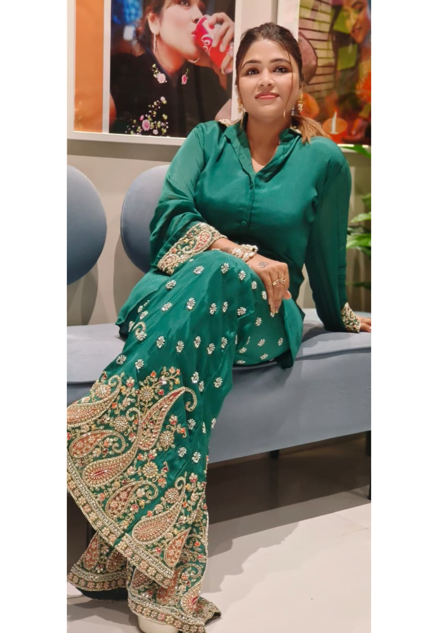 Solid Collared Top With Heavily Embroidered Panel Palazzo Bottom Chinon Co-Ord Set- 12509