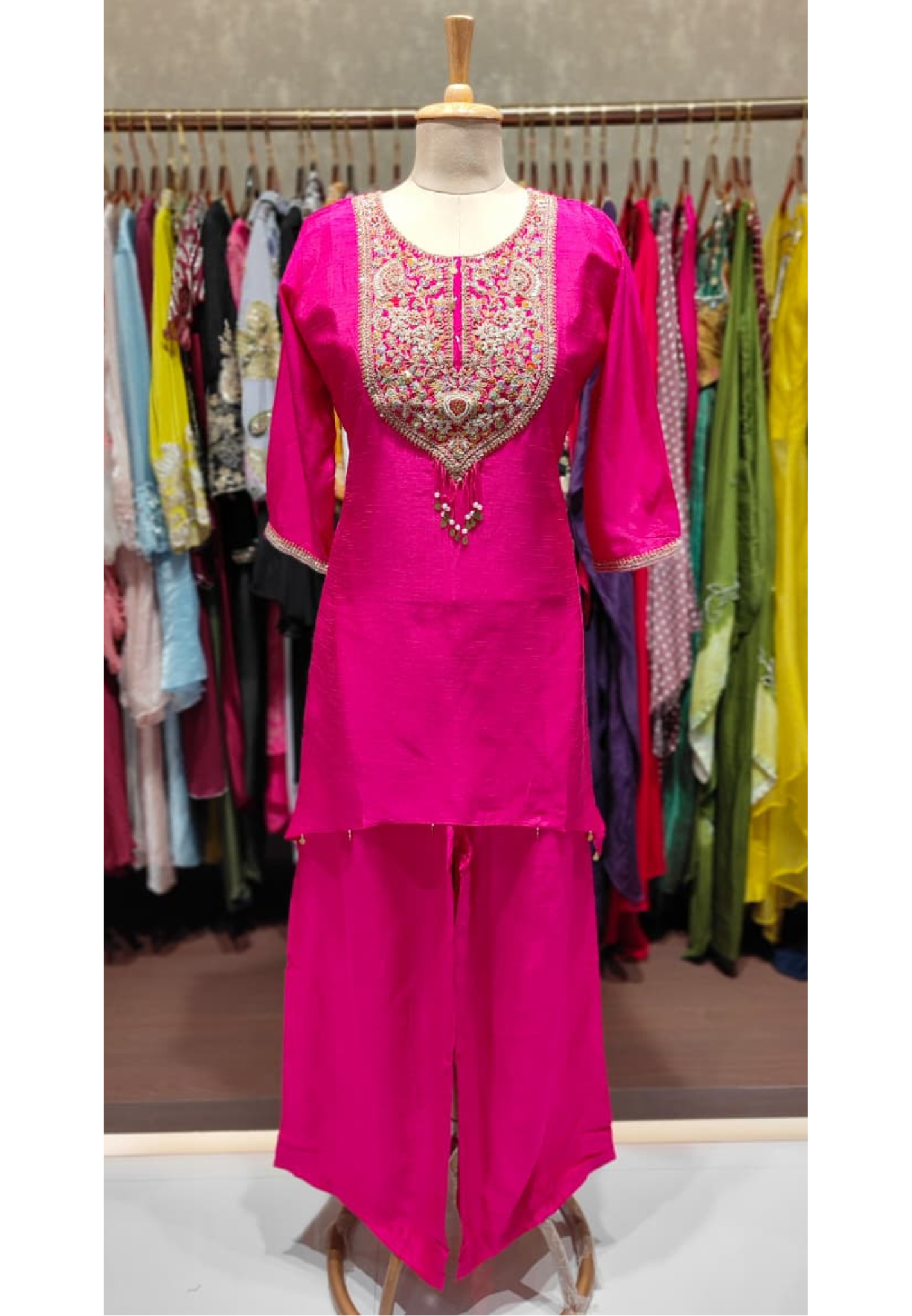 Floral Embroidery With Tassel High Low A-Line Kurta Pant Set In Dola Silk Fabric- 12463
