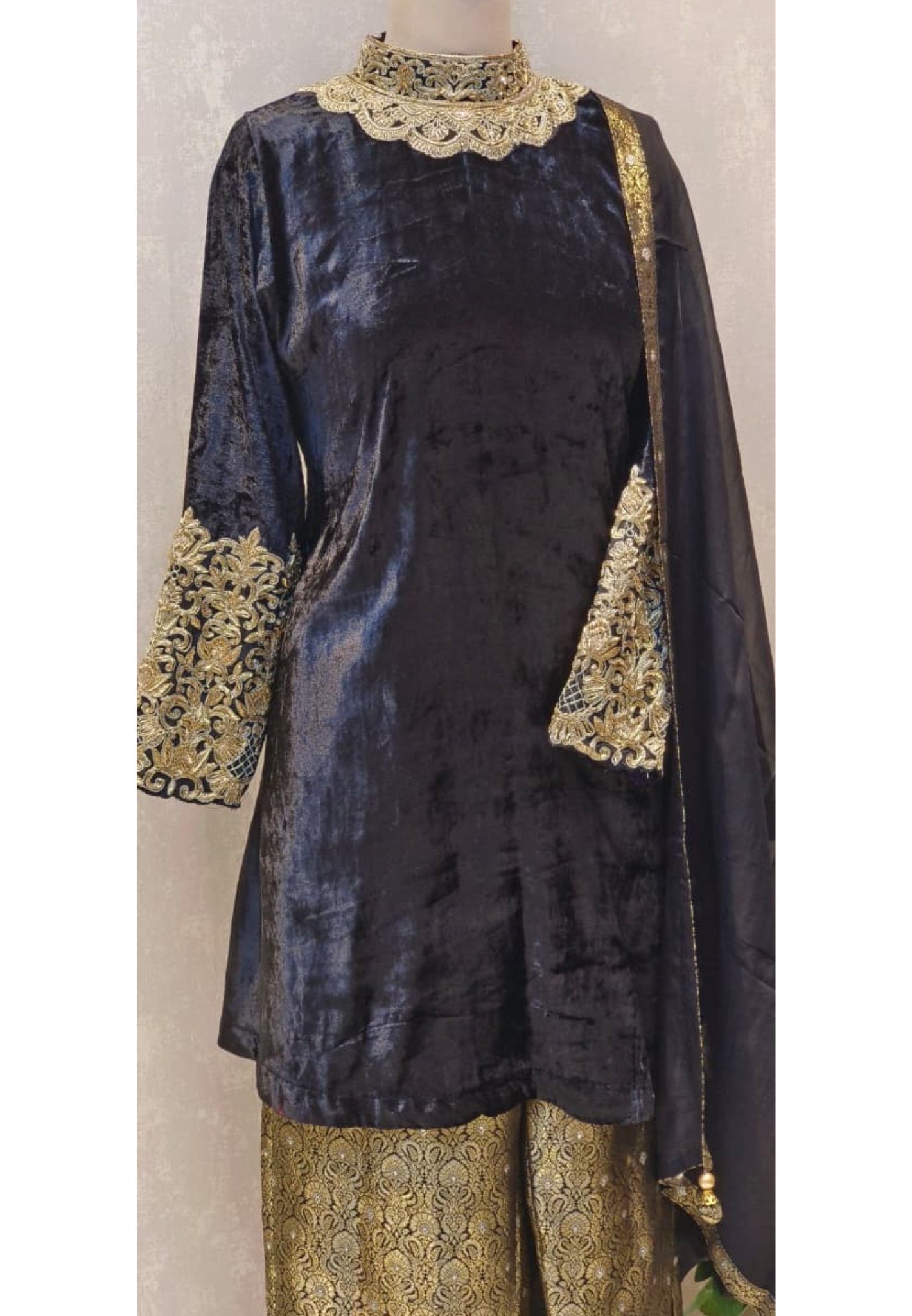 Rich Golden Zardosi Work Covered Neck Velvet Kurta With Heavy Brocade Bottom & Plain Bordered Dupatta- 12612