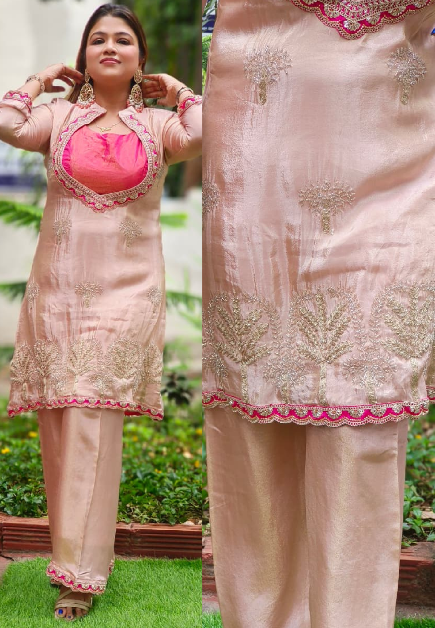 Luxury Indo-Western Pink Fusion Outfit with Hand-Embroidered Top, Contrast Buster & Matching Pants-12995